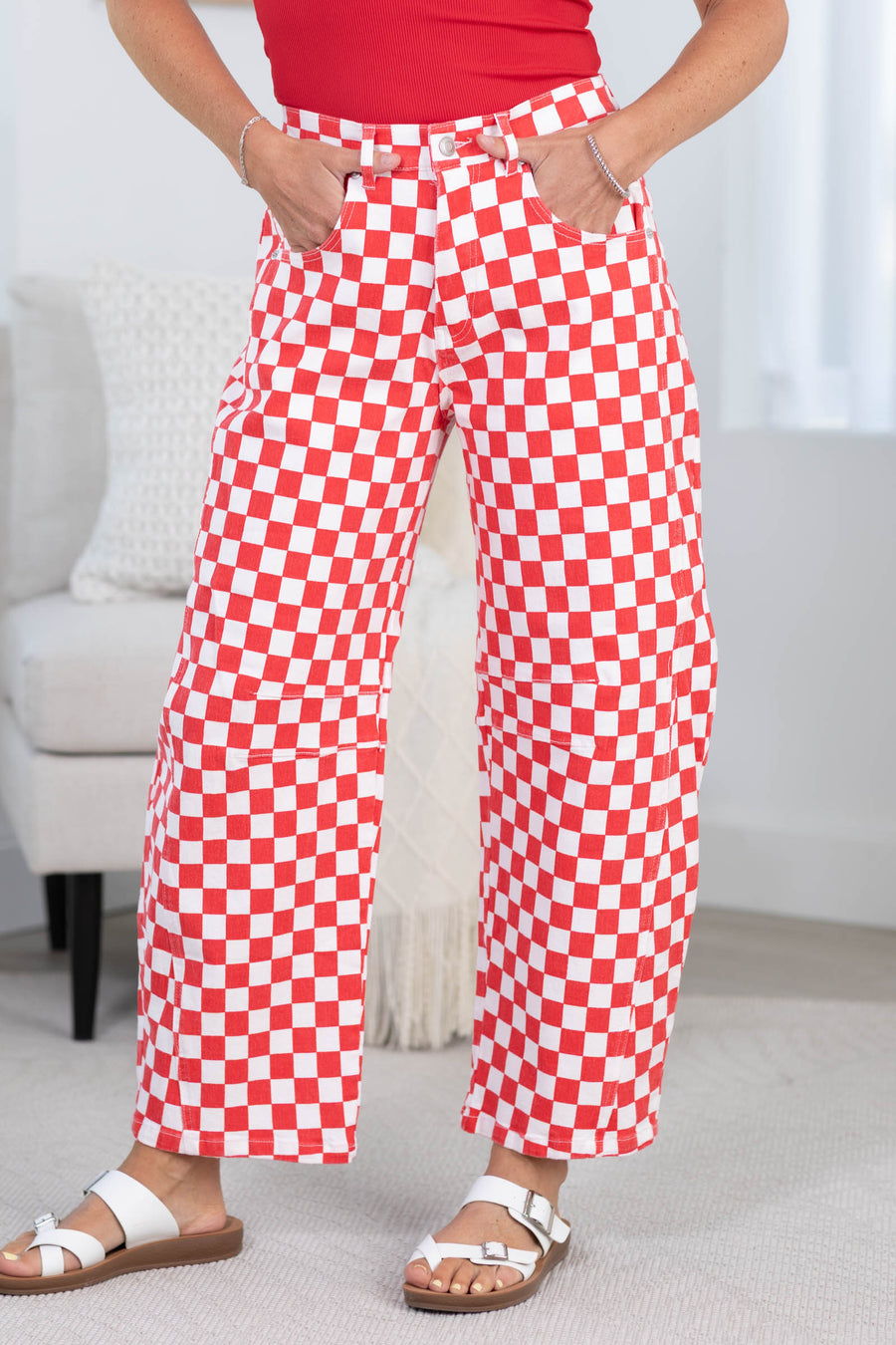 Red Checkered Elastic Waist Barrel Pants