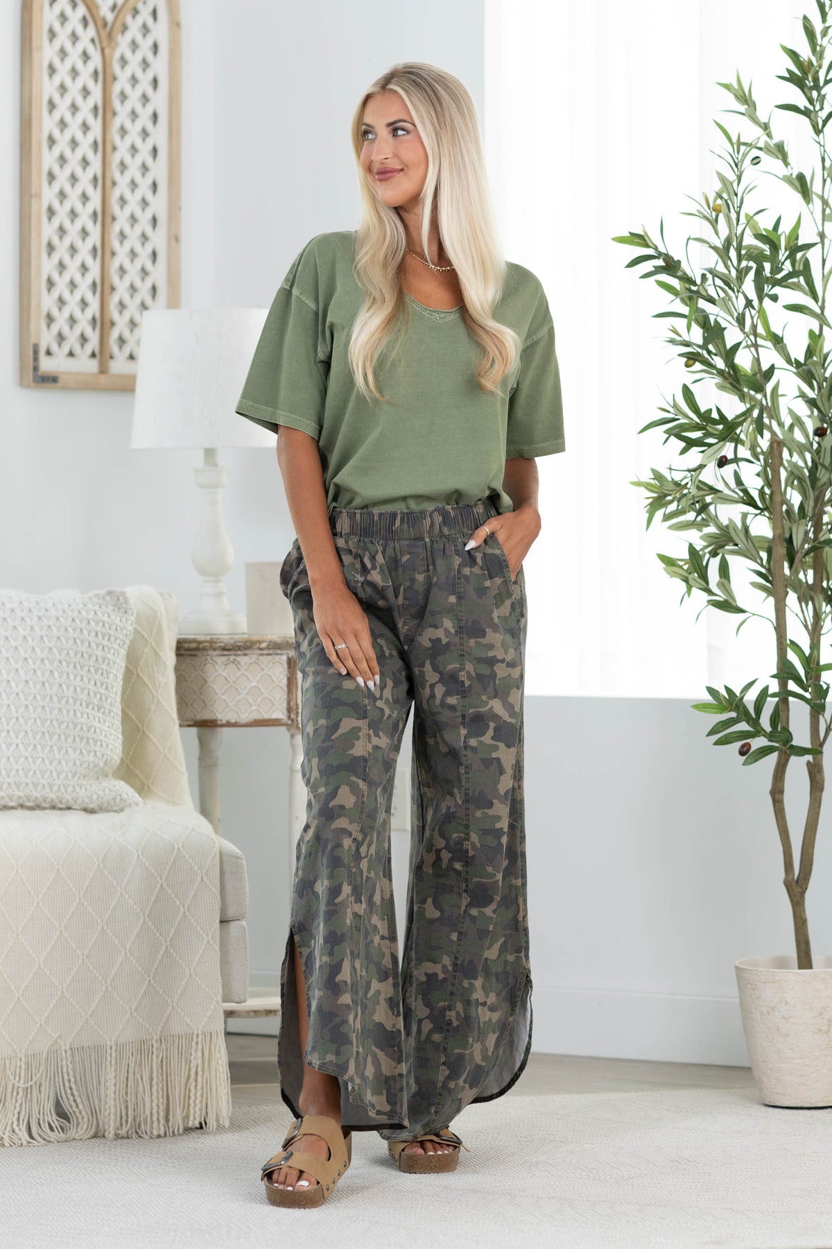 Olive Knit Tee With Crochet Trim Detail