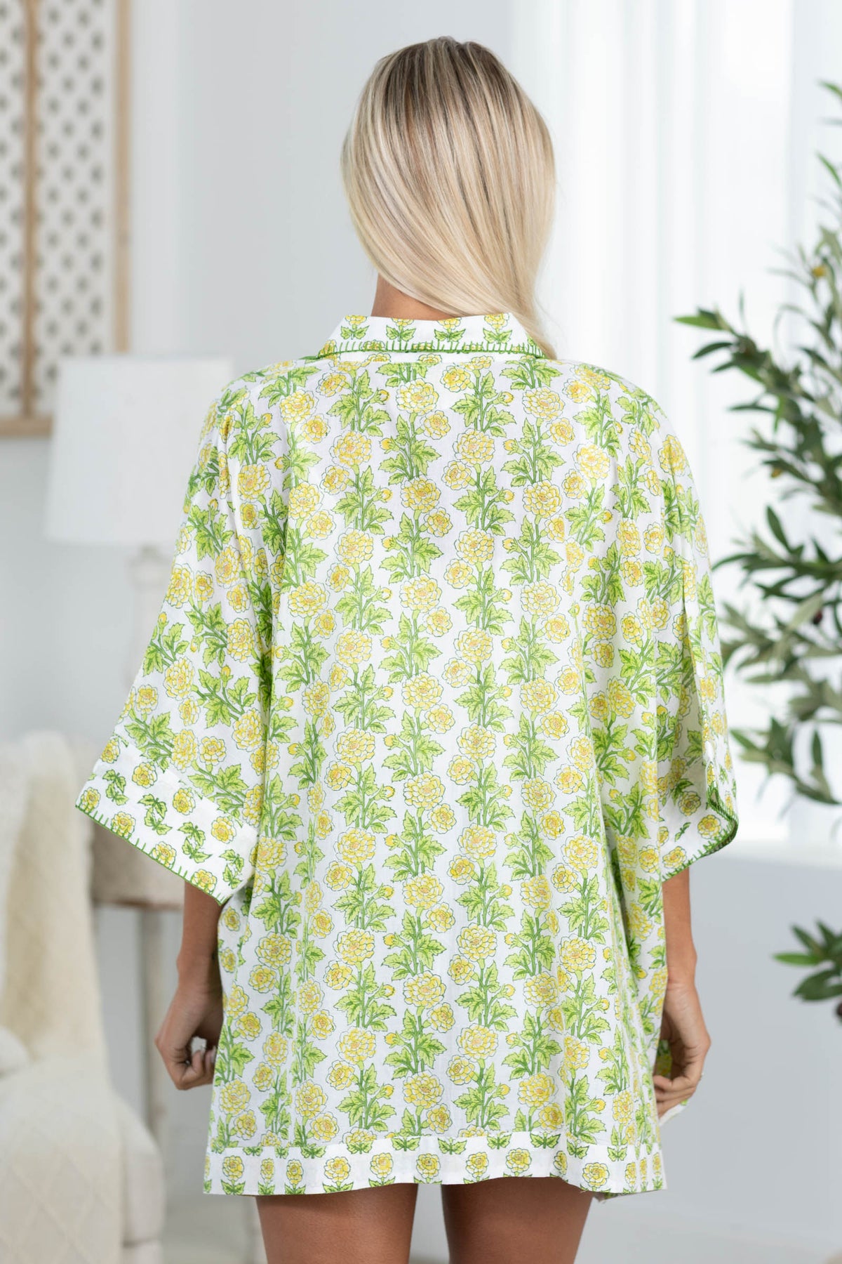 Sage Printed Woven Button Up Top