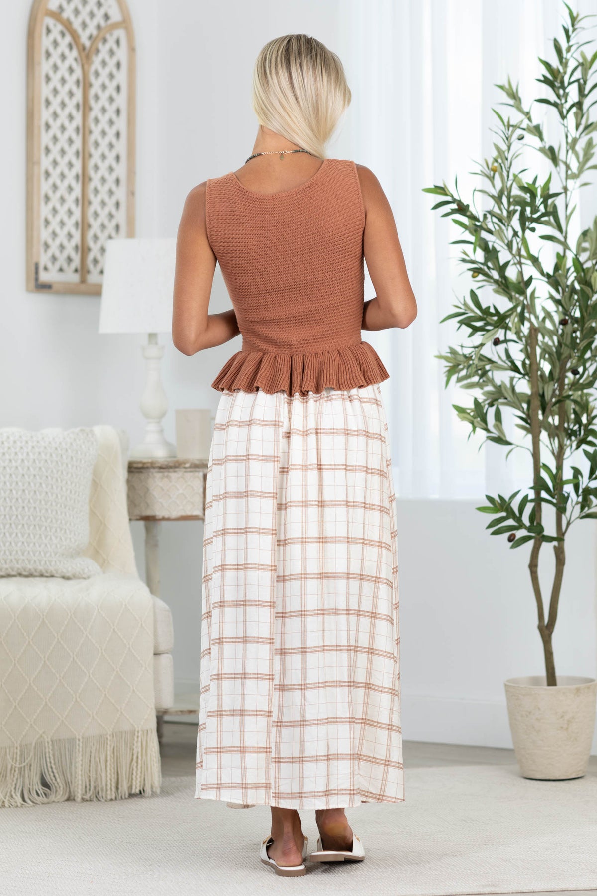 Light Brown Knit Peplum Plaid Skirt Midi Dress
