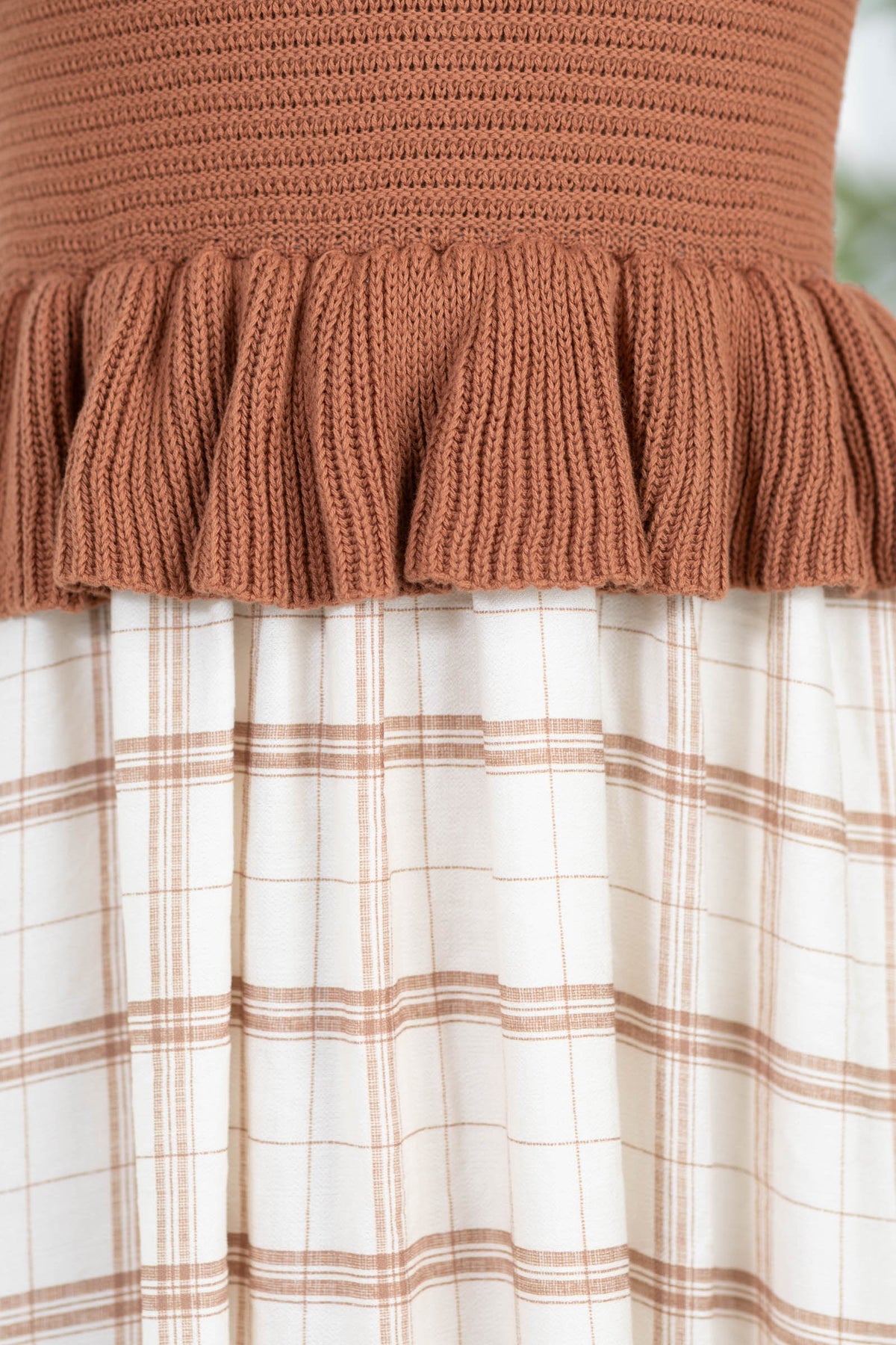 Light Brown Knit Peplum Plaid Skirt Midi Dress