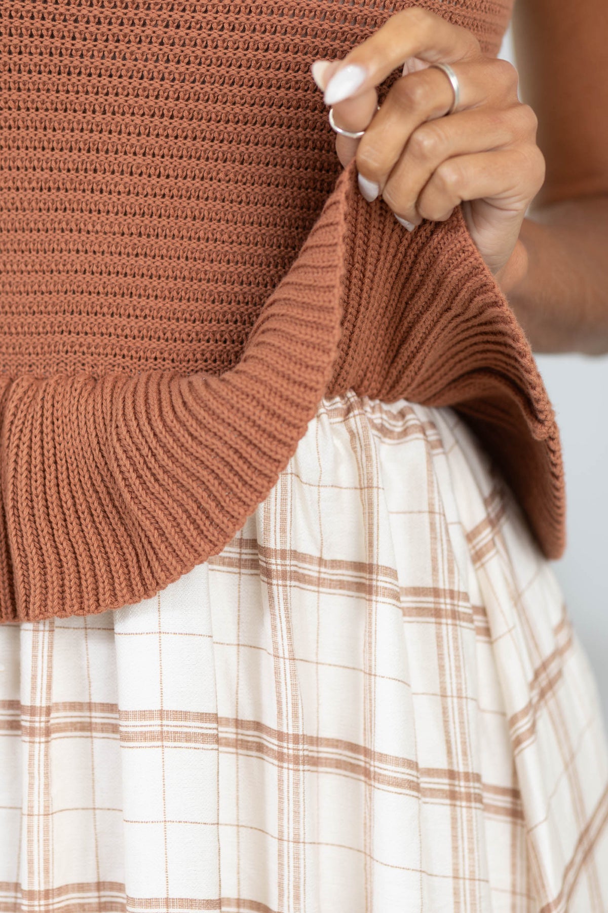 Light Brown Knit Peplum Plaid Skirt Midi Dress
