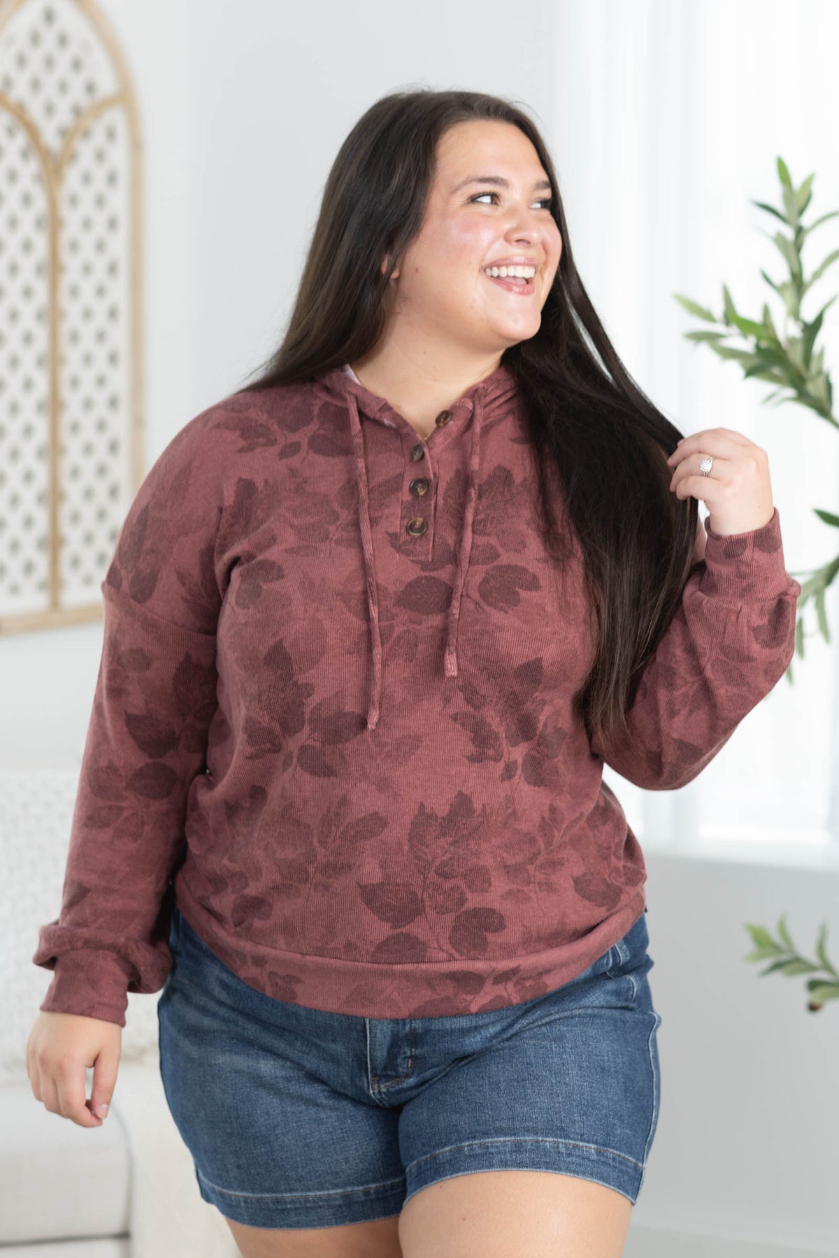 Staccato Half Button Floral Drawstring Hoodie Top