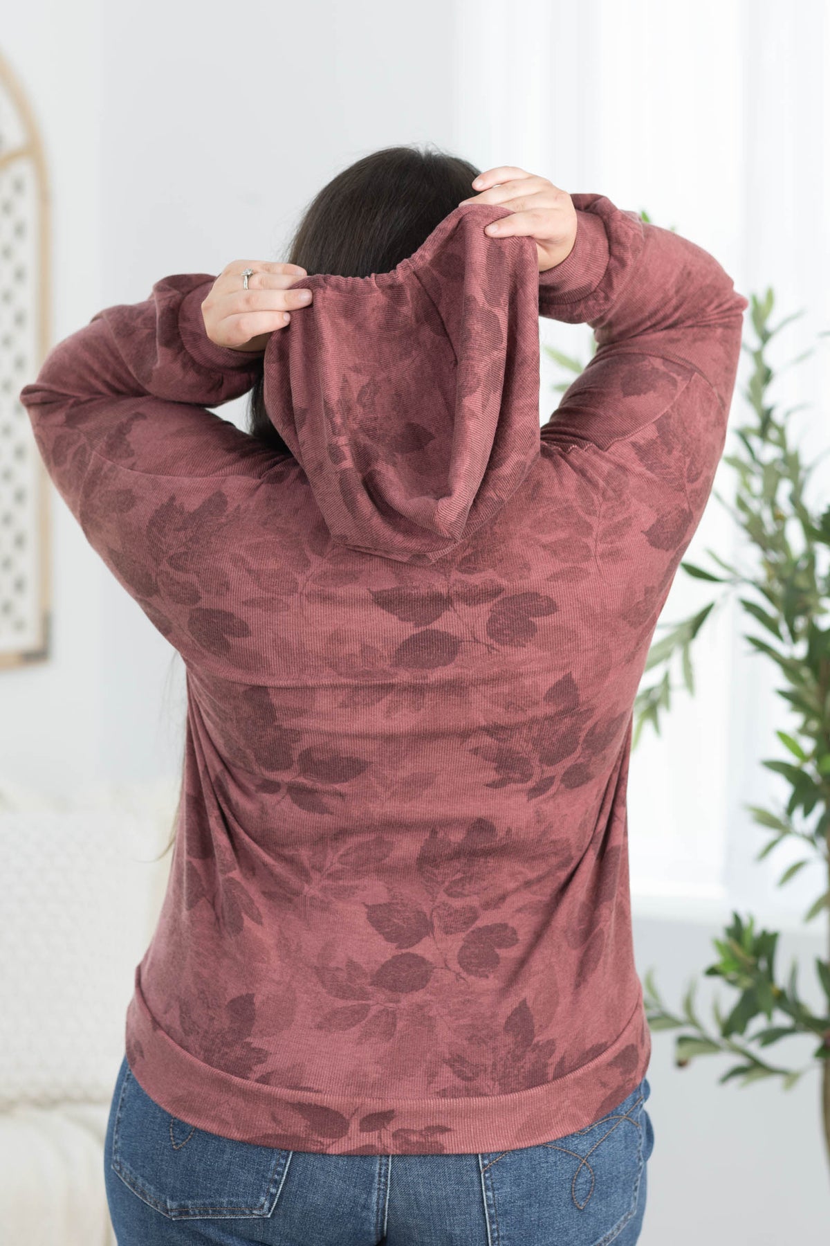 Staccato Half Button Floral Drawstring Hoodie Top