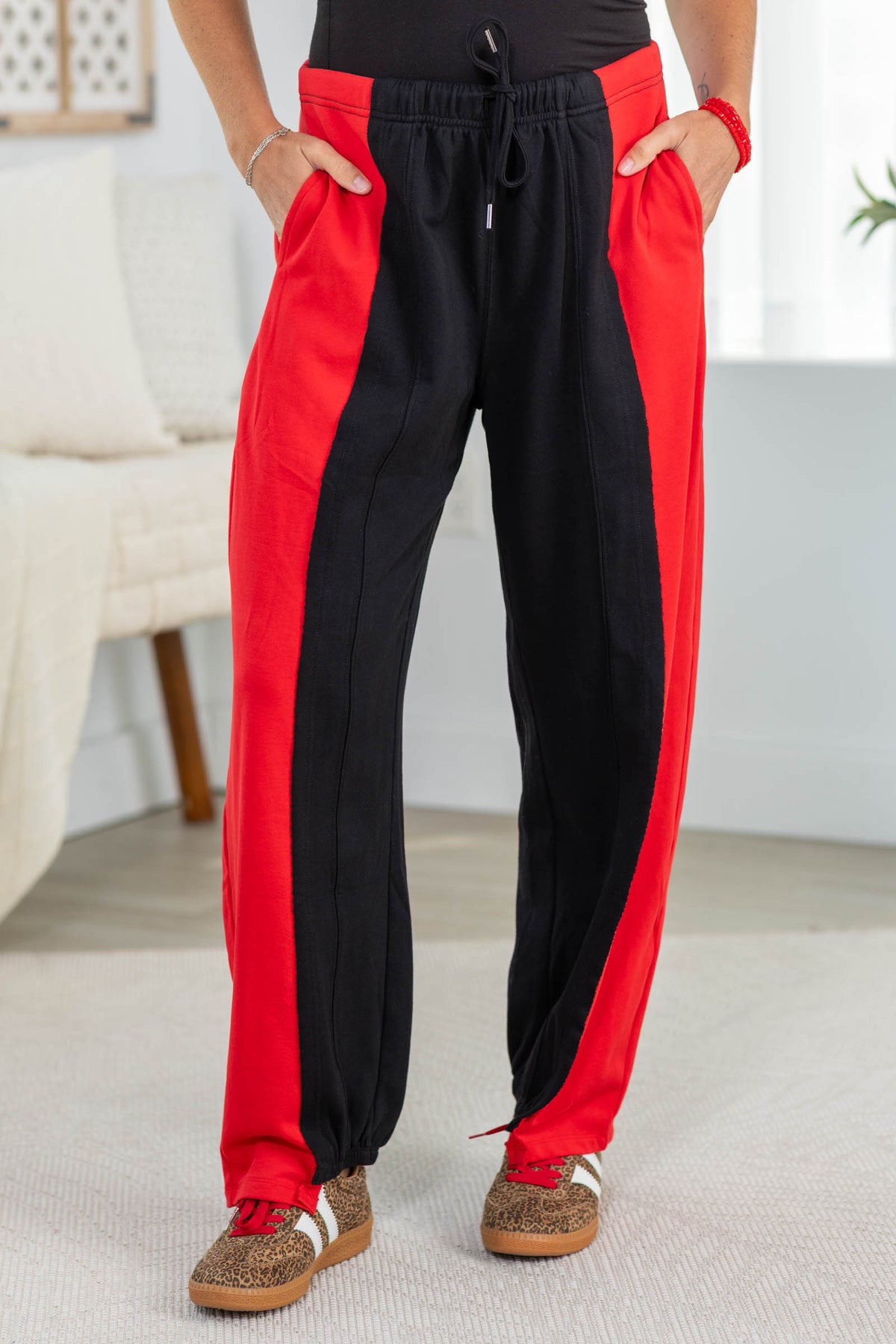 Drawstring Two Tone Spliced Barrel Leg Jogger Pants