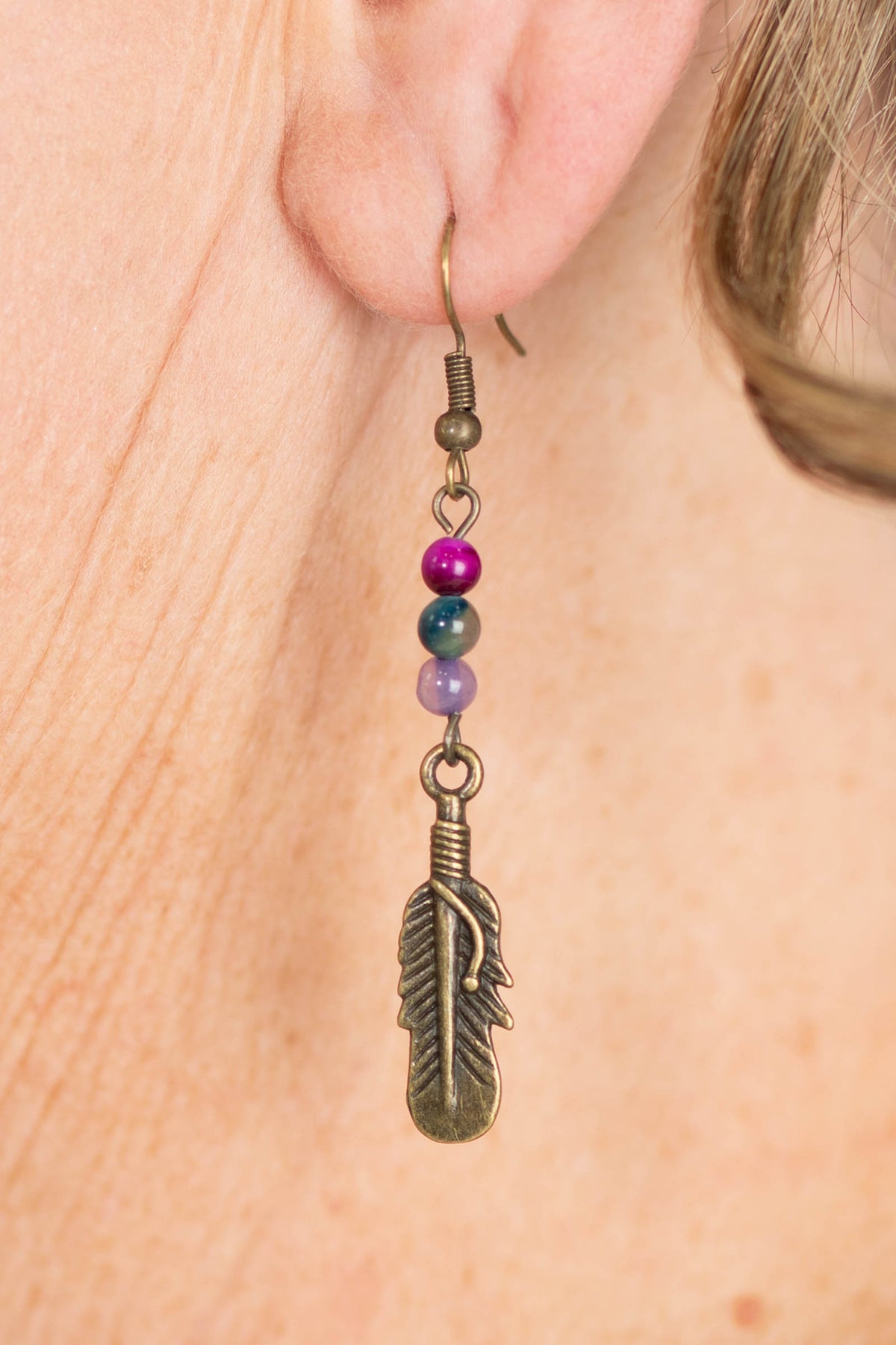 Bronze Multicolor Agate Fish Hook Earrings