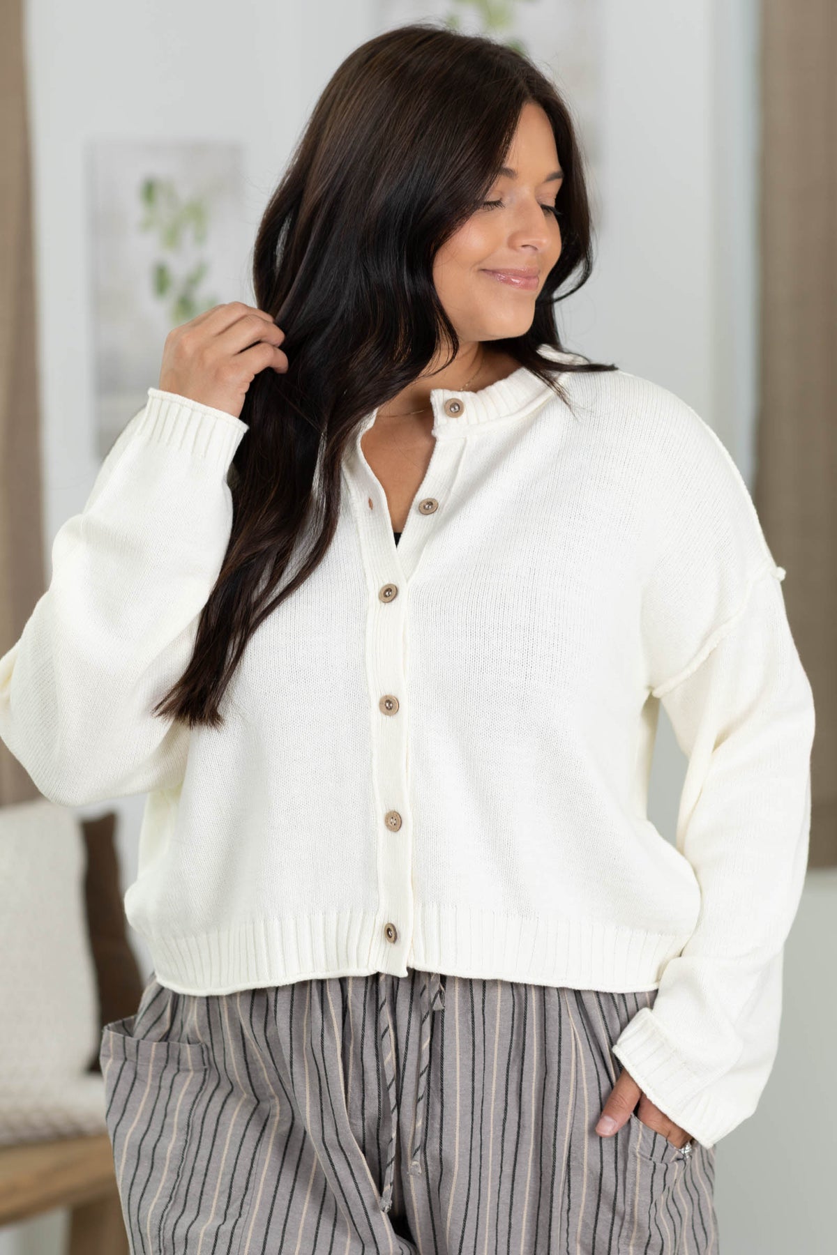 Rolled Trim Cardigan with Exposed Seams