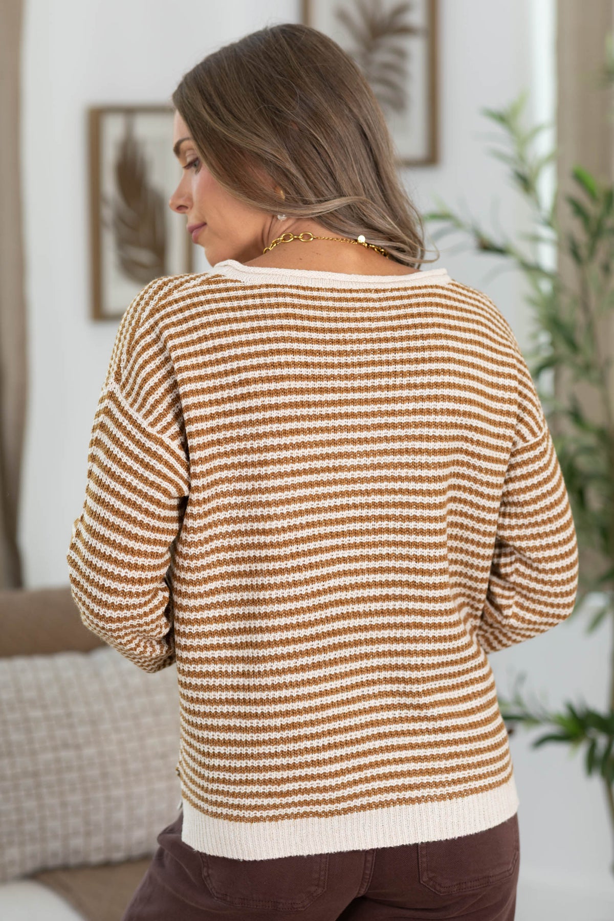 Staccato V-Neck Patch Detail Pinstriped Sweater