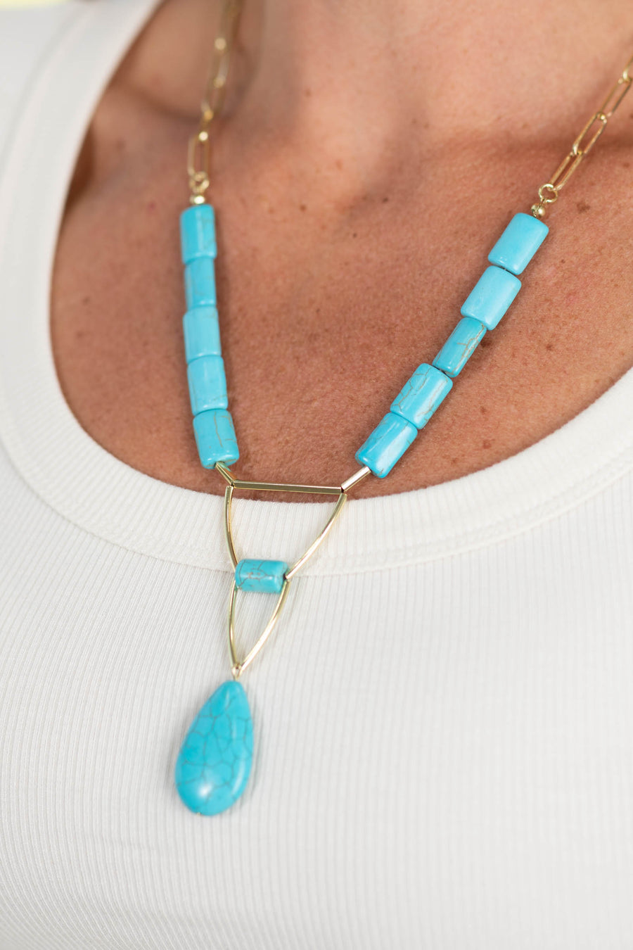 Gold Paperclip Chain & Turquoise Bead Necklace