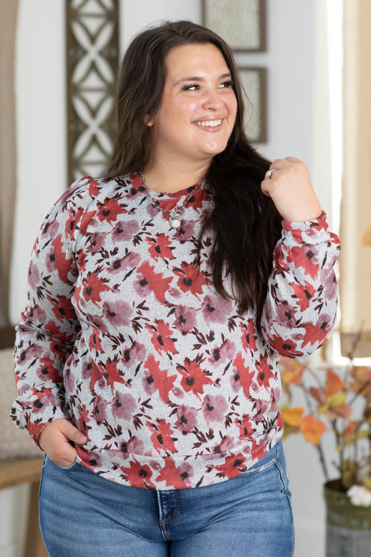 Staccato Grey Hacci Floral Knit Long Sleeve Top