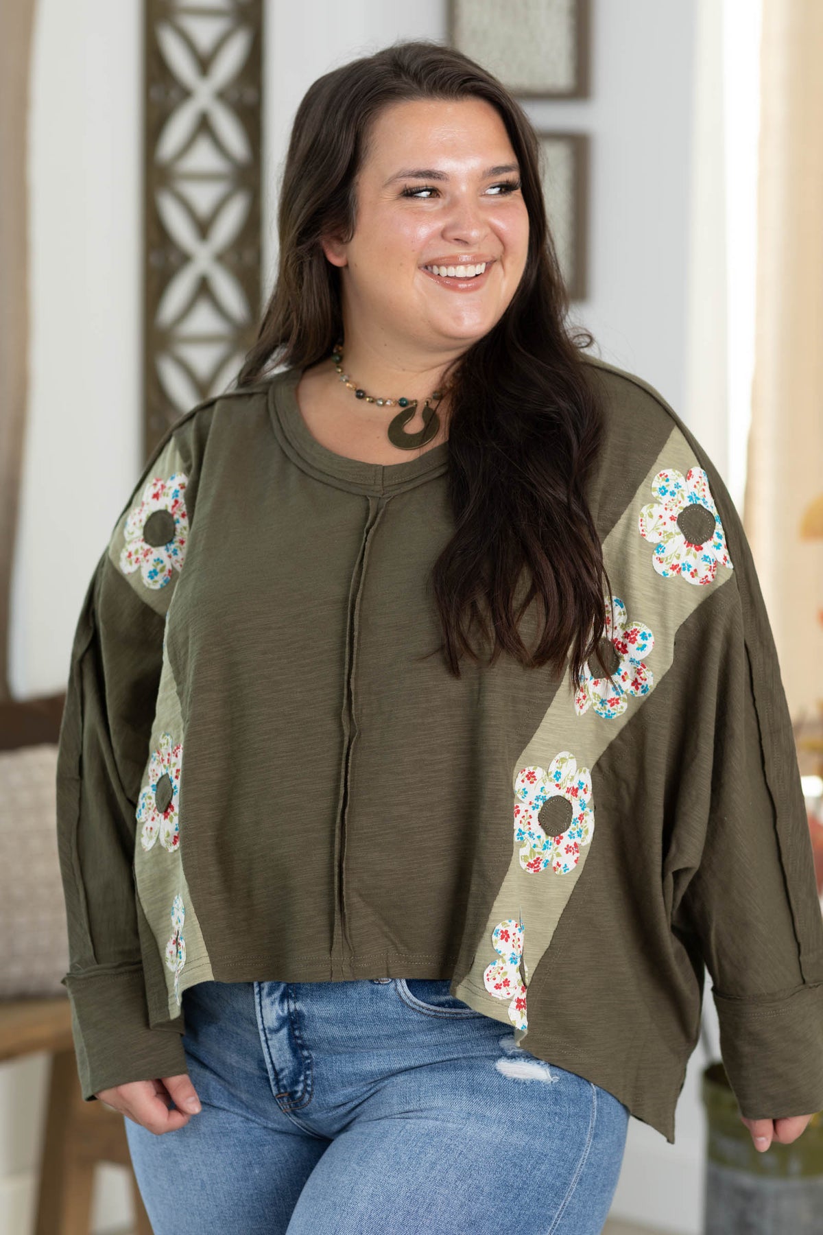 Olive V-Neck Floral Patch Oversized Knit Top