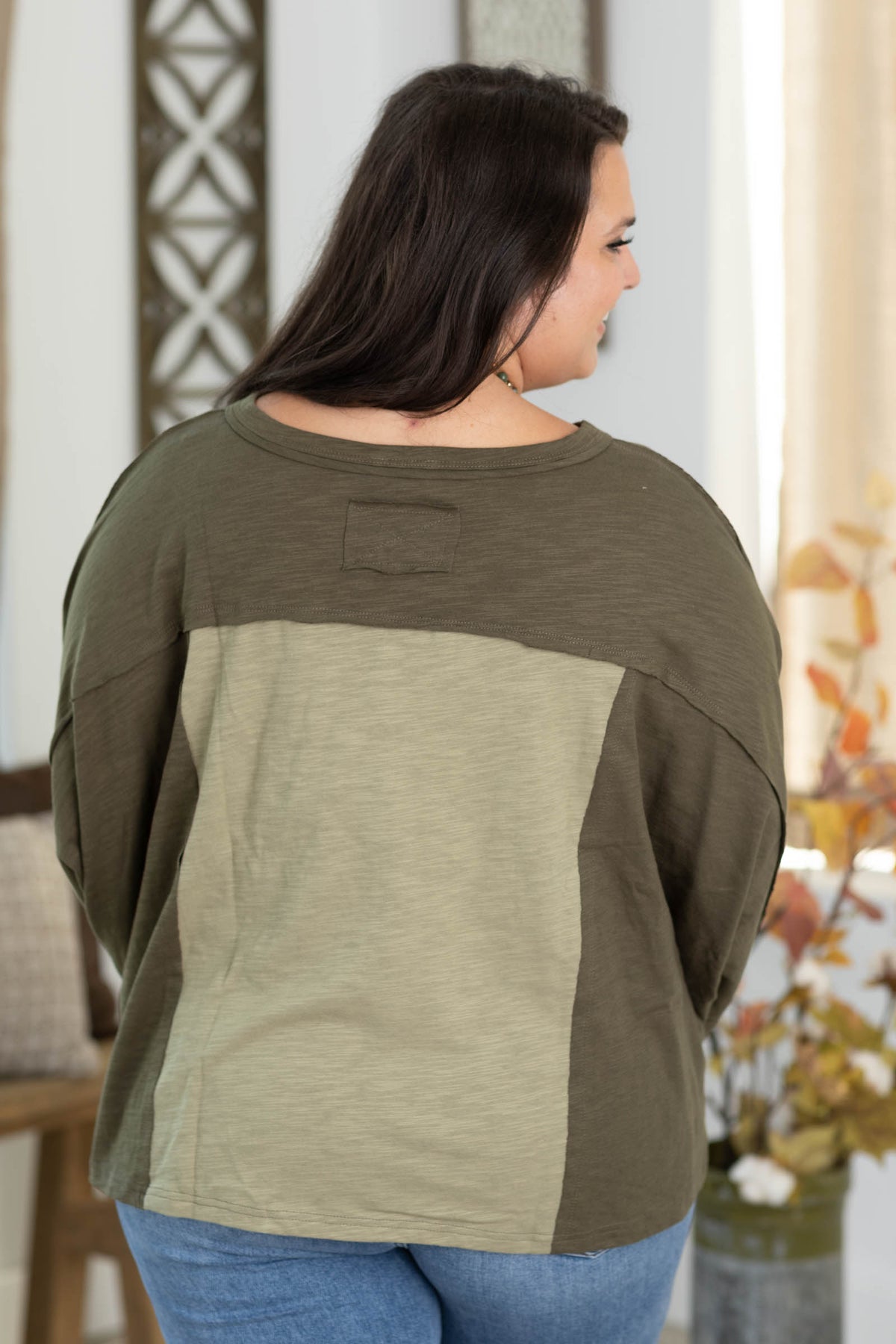 Olive V-Neck Floral Patch Oversized Knit Top