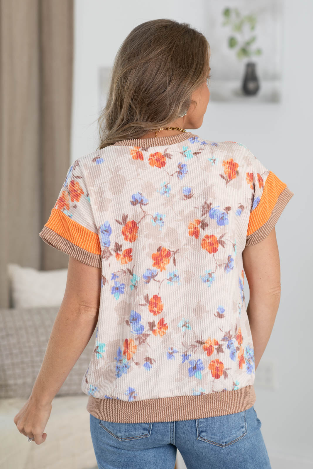 Beige Floral Print With Sleeve Two Tone Top