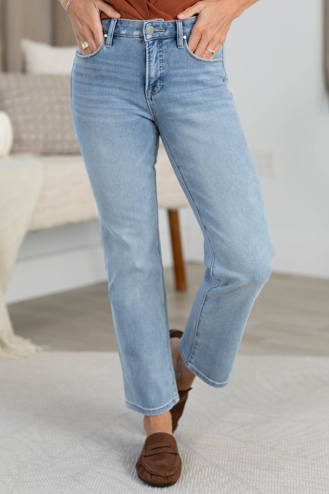 Risen Light Wash Tummy Control Mid Rise Ankle Straight Jean