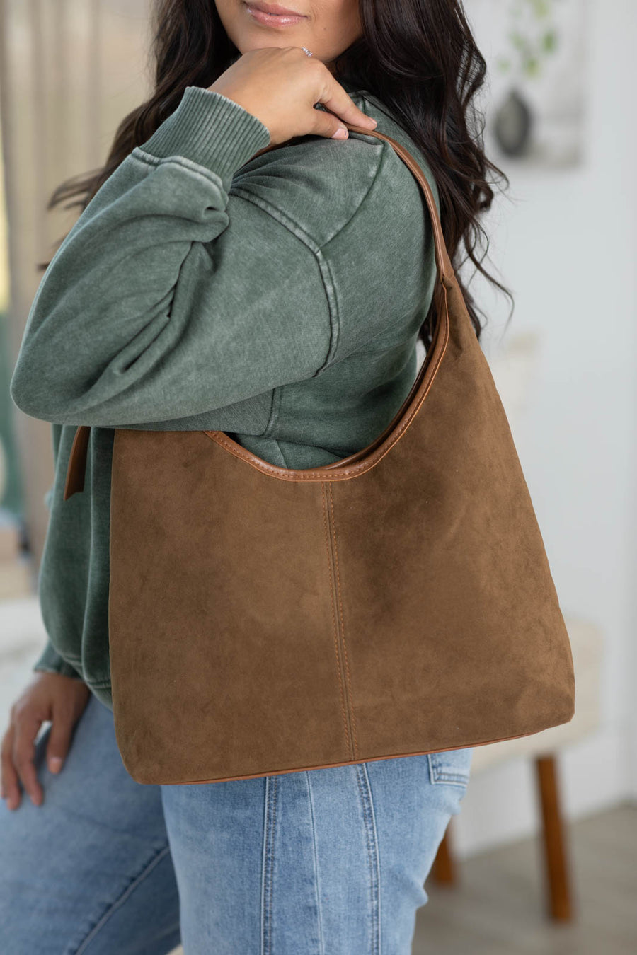 Cognac Suede Hobo Shoulder Bag