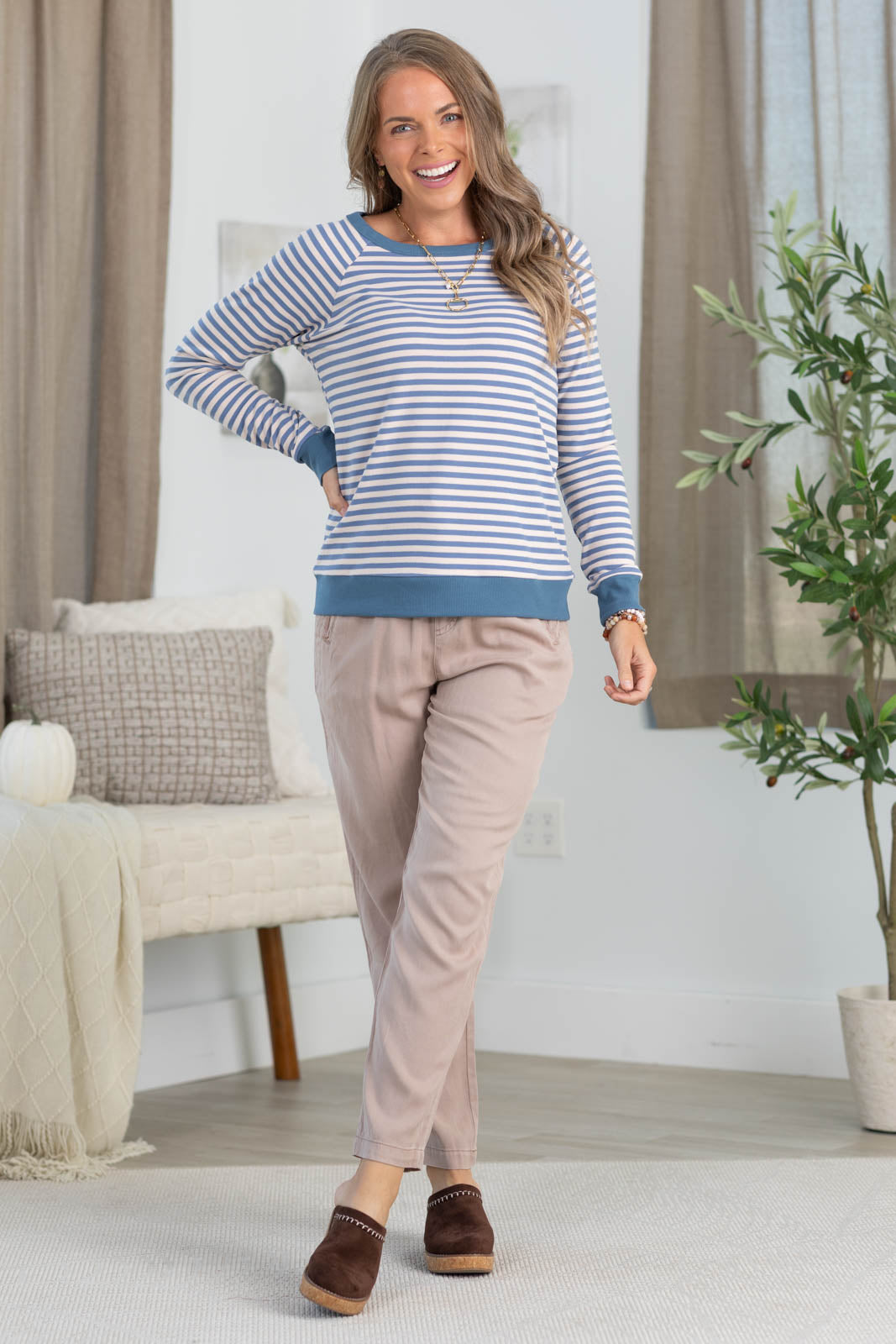 Staccato Raglan Brushed Striped Knit Long Sleeve Top