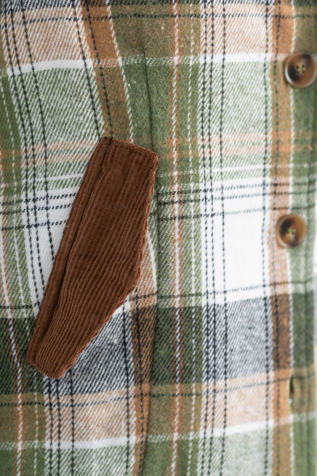 Olive Plaid Button Front Barn Jacket With Corduroy