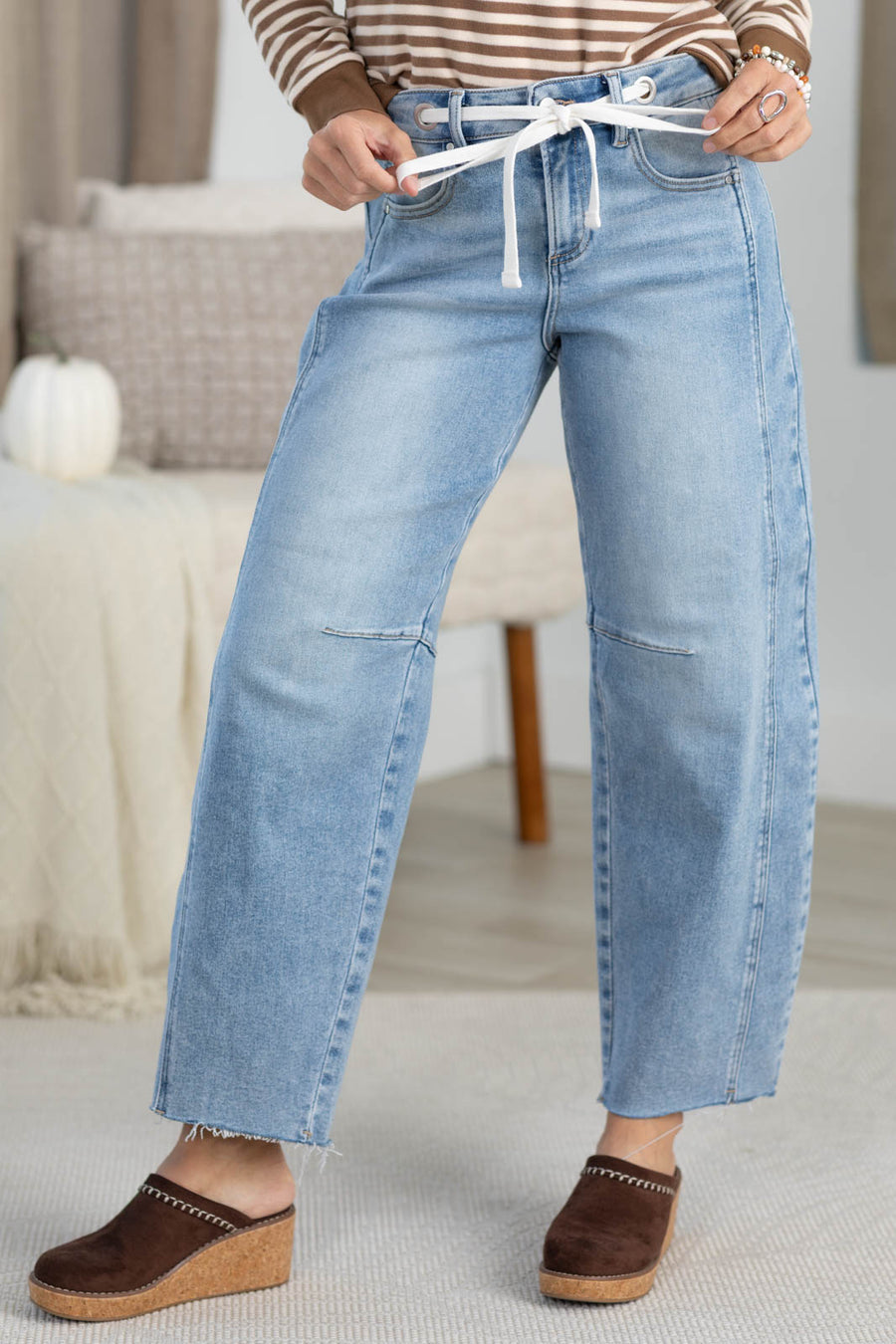 Risen Light Wash Ankle Barrel Jeans With Drawstring