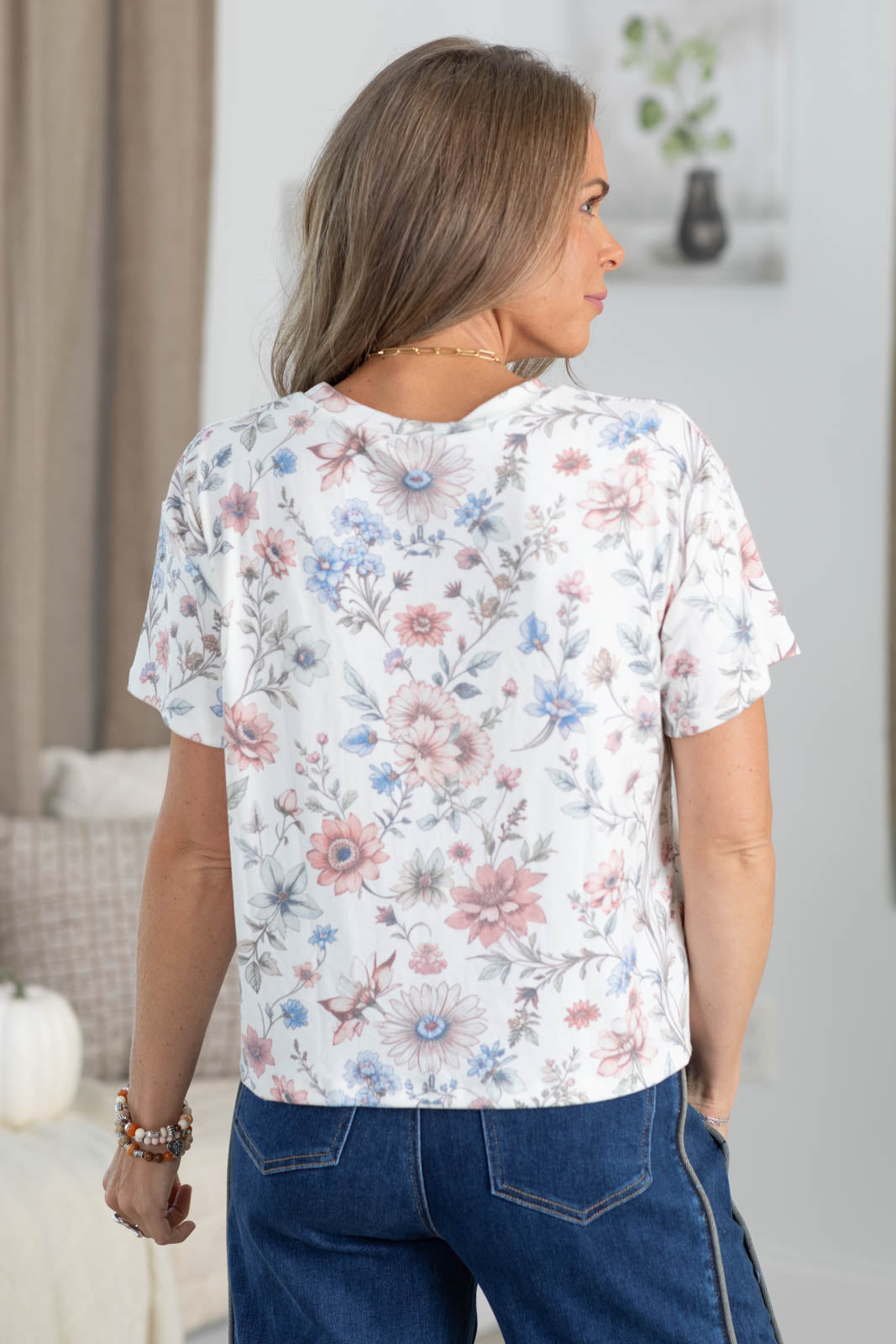 Off White With Terracotta Floral Print Knit Tee
