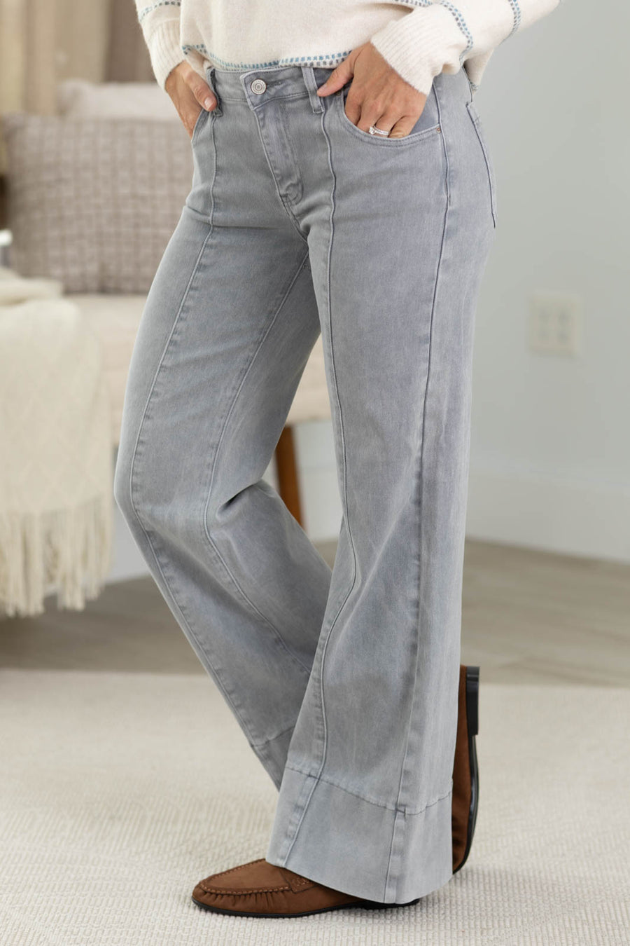 Mid Rise Wide Leg Color Denim Pants