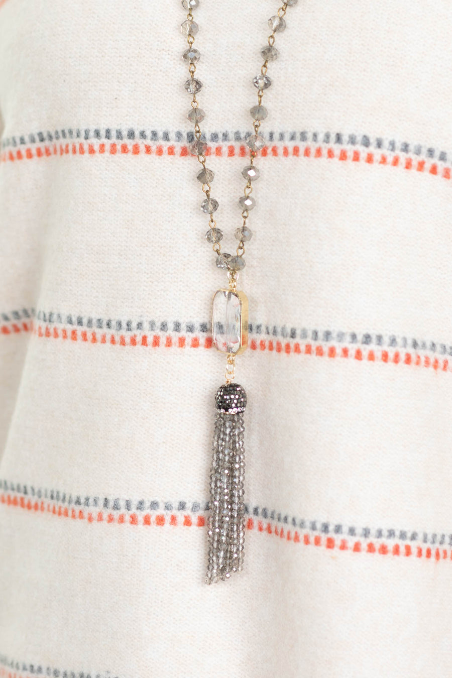 Crystal Long Beaded Strand Necklace With Tassel