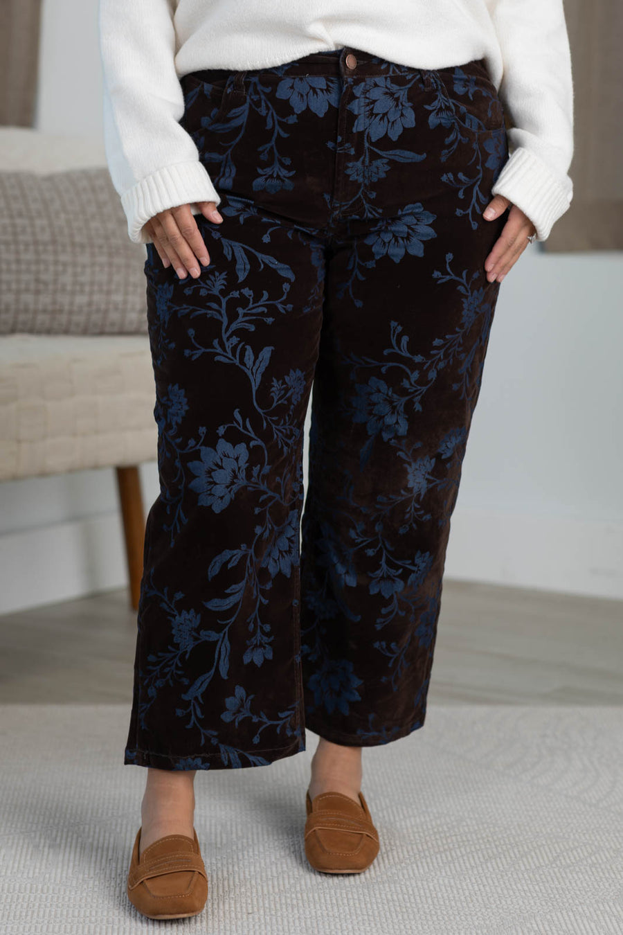 Cotierra Dark Rustic Brown Velvet Stretch Straight Leg Pants
