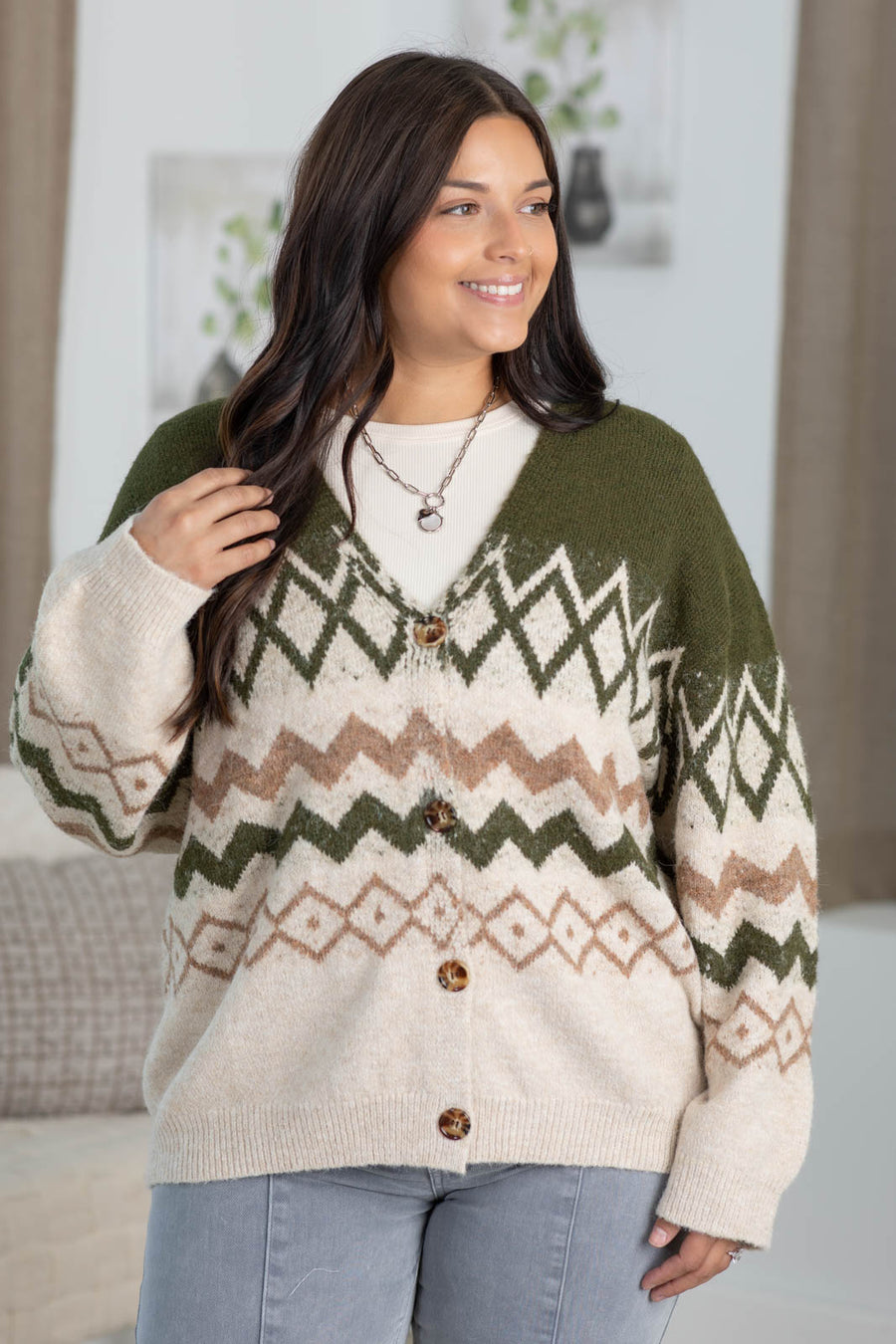 Cotierra Olive And Beige Printed Knit Cardigan