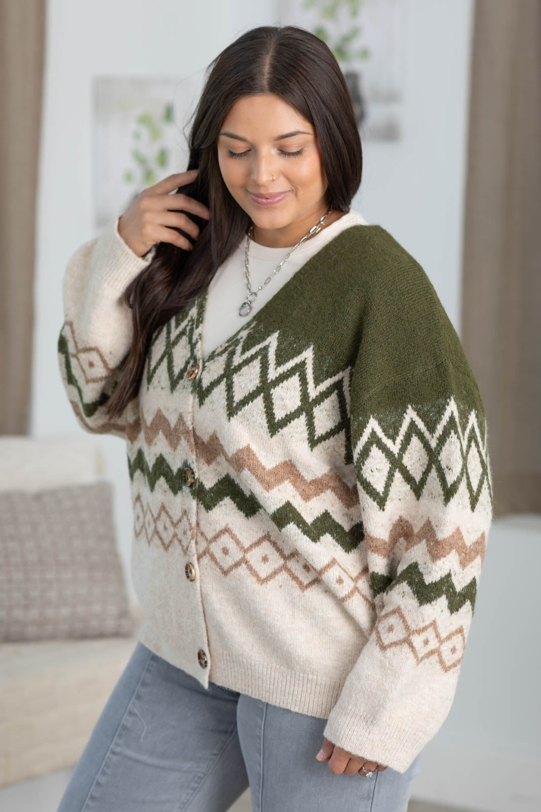 Cotierra Olive And Beige Printed Knit Cardigan