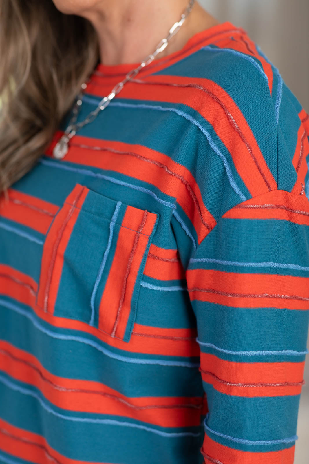 Long Sleeve Striped Front Pocket Knit Top
