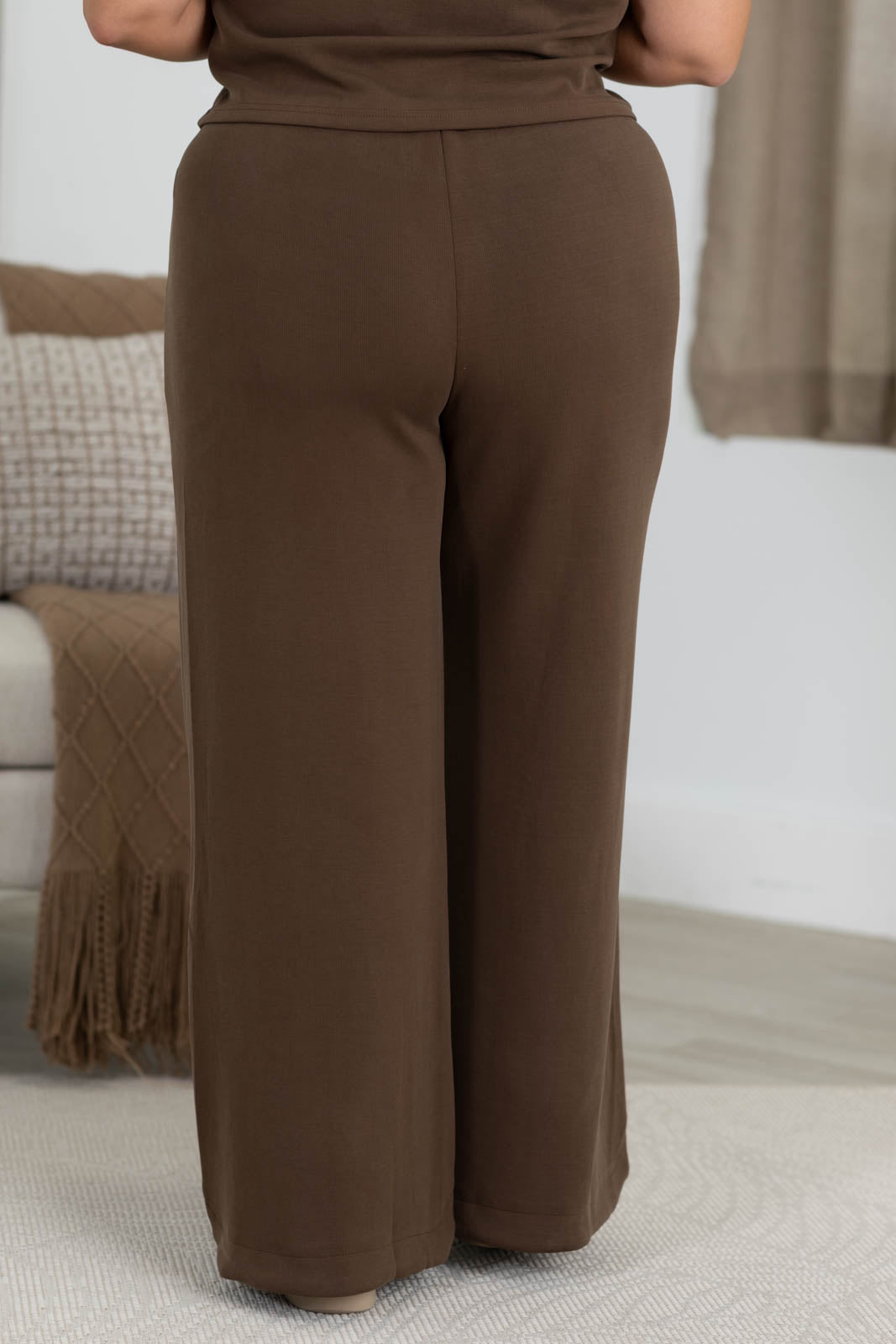 Mocha Cloud Knit Drawstring Waist Wide Leg Pants