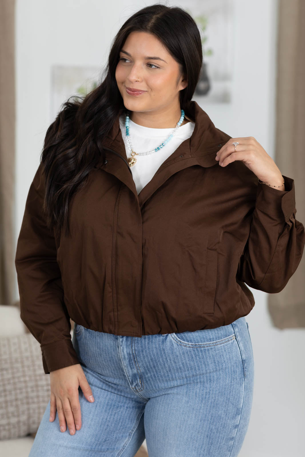 Zip Up Mock Neck Elastic Hem Jacket