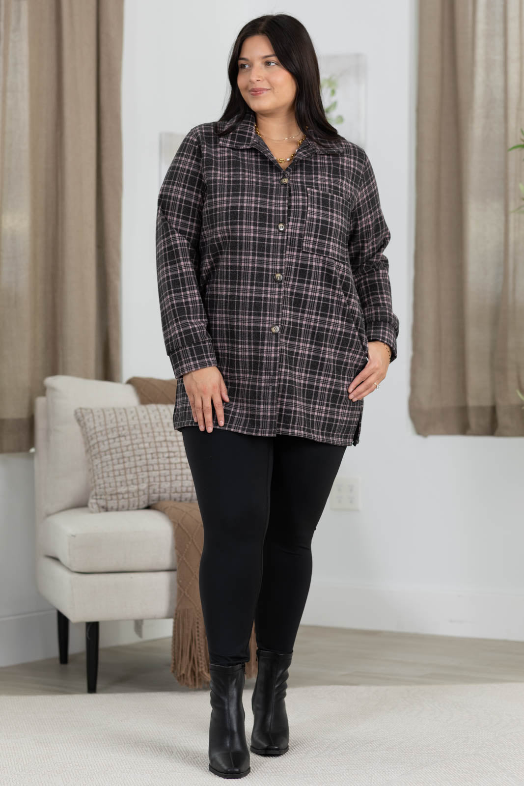 Charcoal Front Pocket Plaid Button Up Jacket
