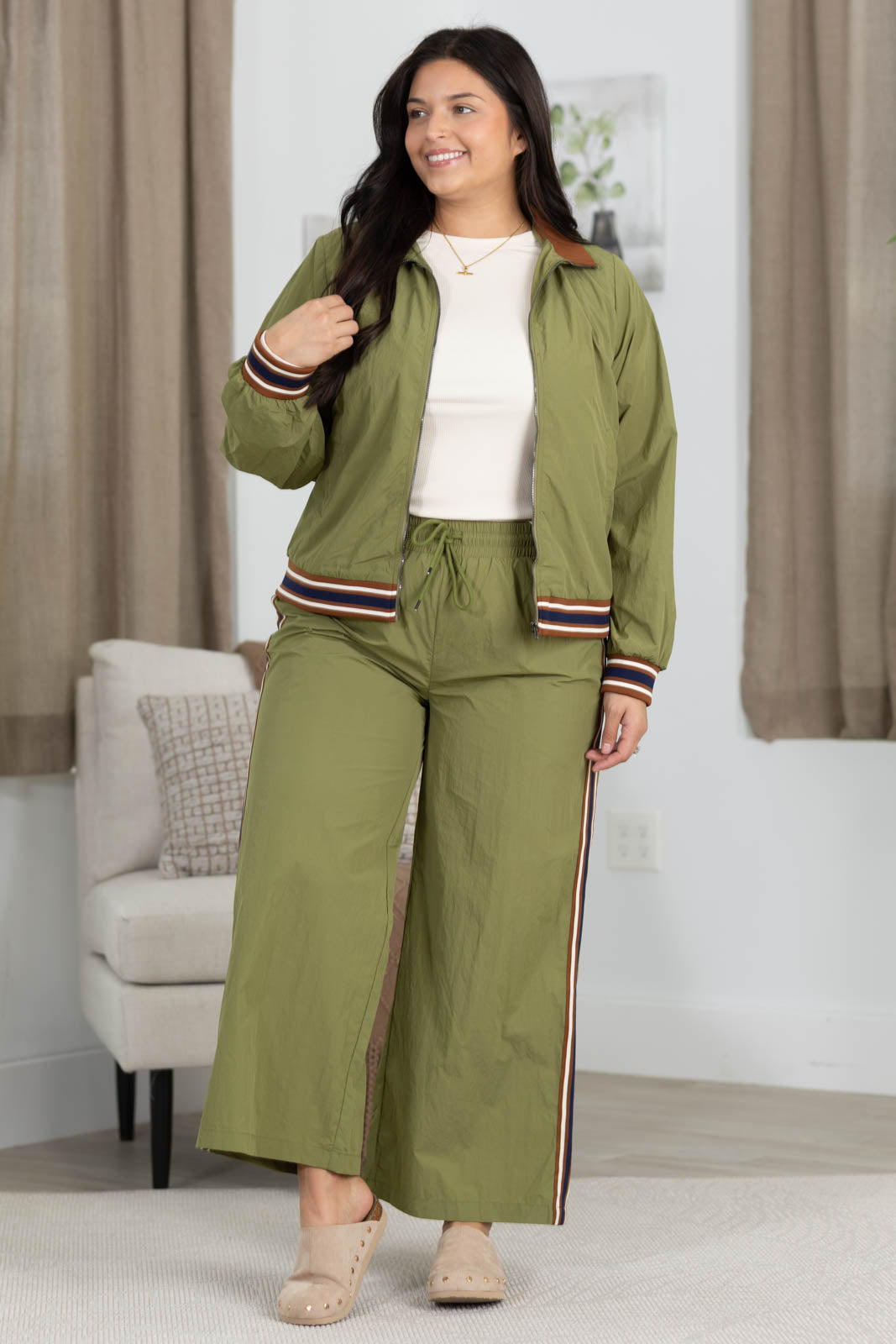 Olive Rib Band Detail Windbreaker Jacket