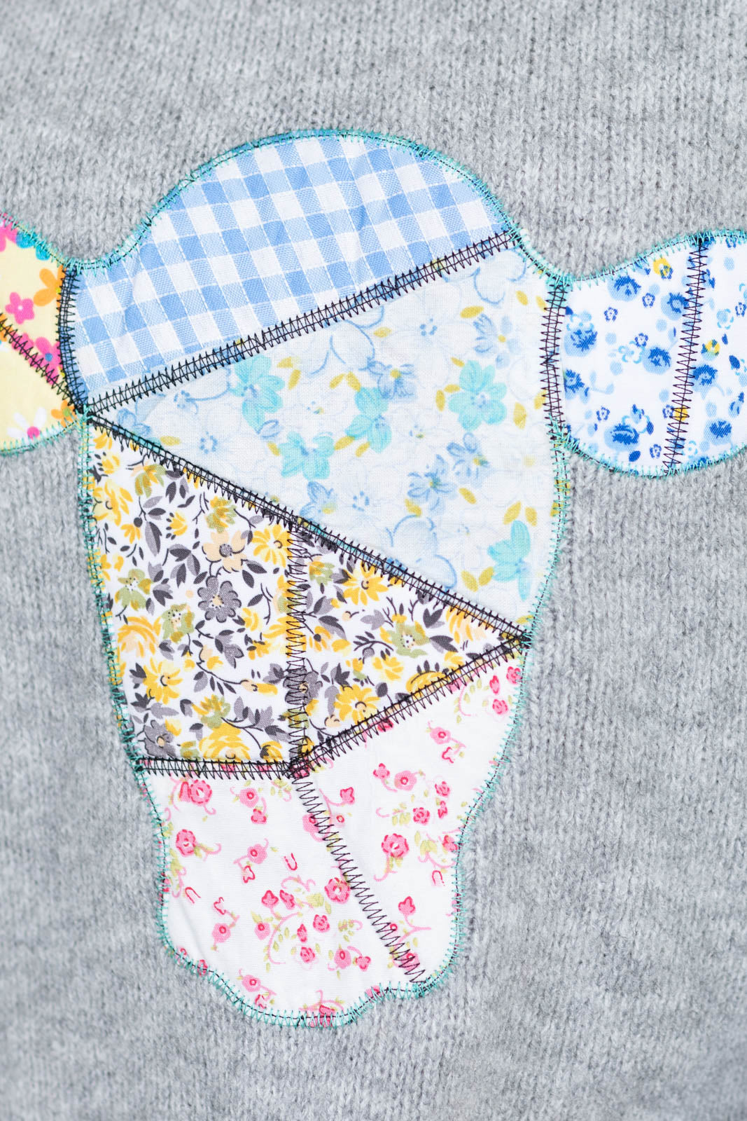 Heather Grey Cow Patchwork Knit Sweater