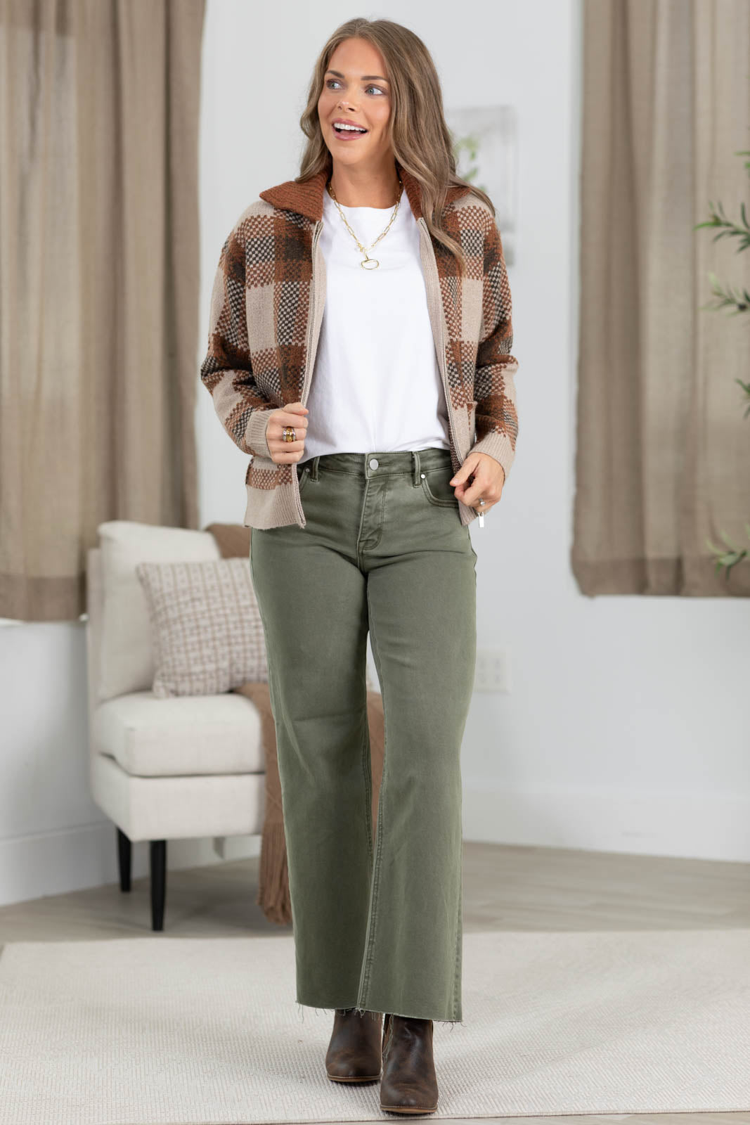 Risen Olive Tummy Control Mid Rise Straight Jeans