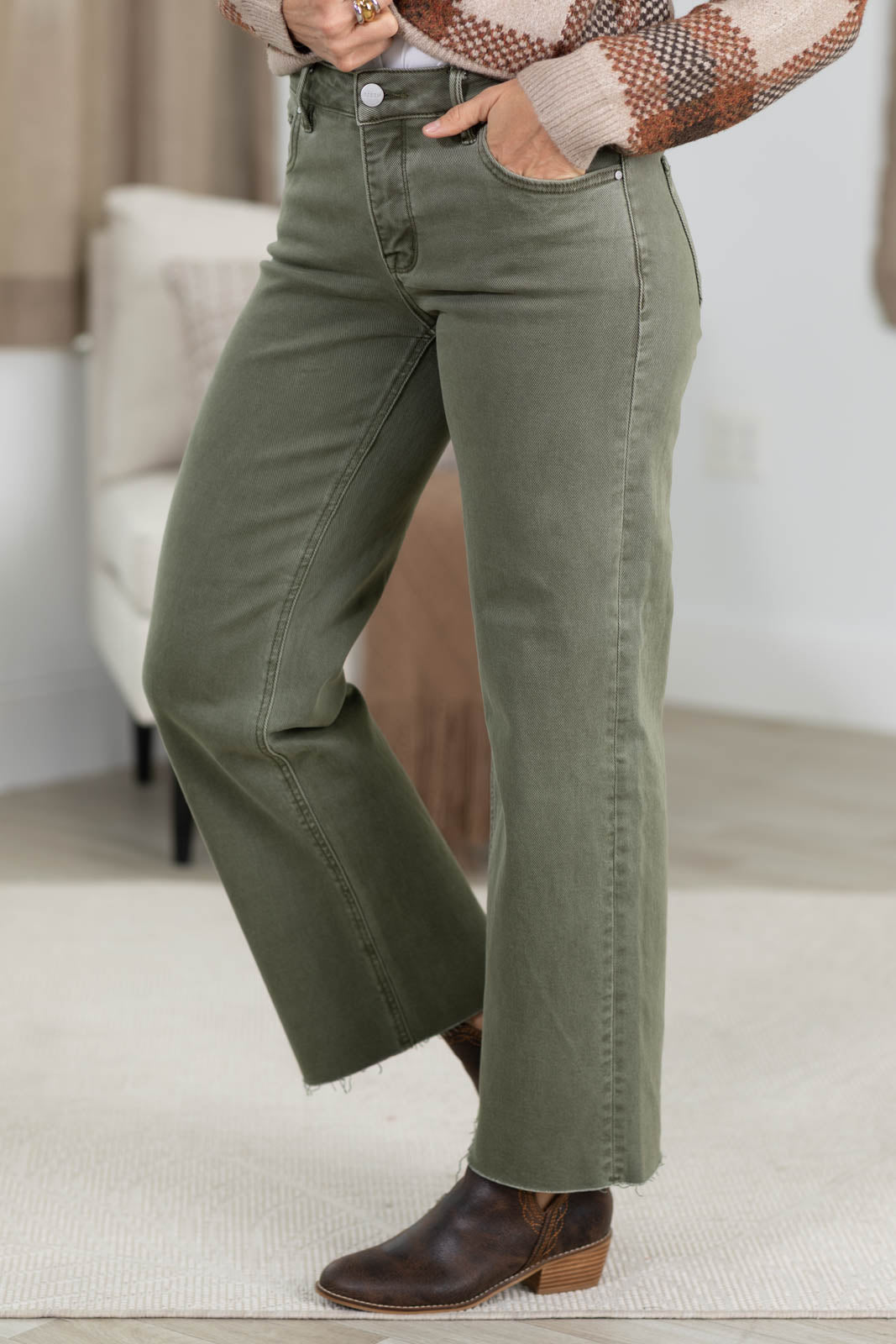 Risen Olive Tummy Control Mid Rise Straight Jeans