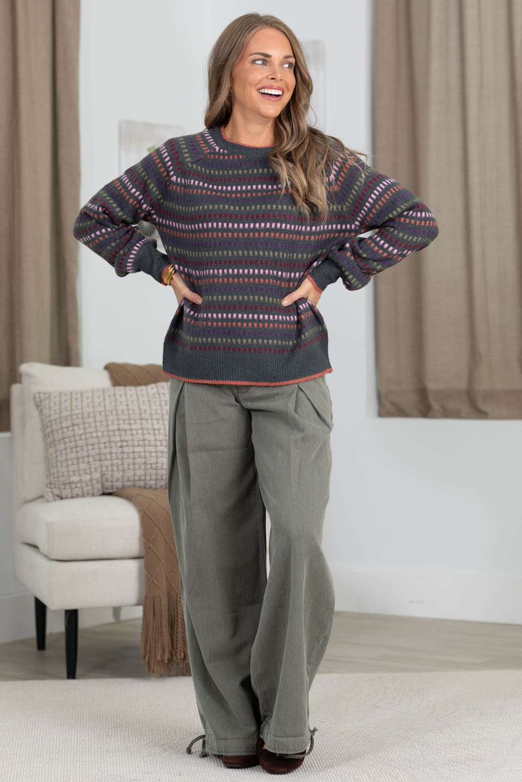 Staccato Charcoal Multicolor Stripe Texture Sweater