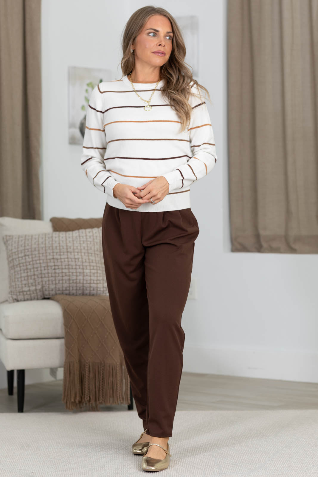 Classic Cut Striped Long Sleeve Sweater Top