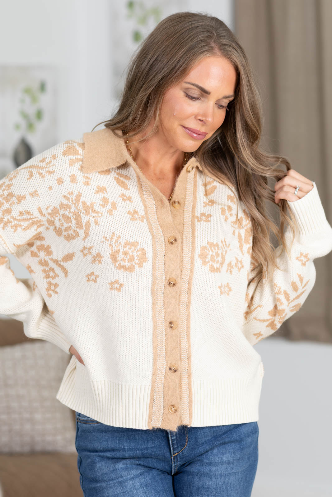 Staccato Ivory And Tan Floral Button Cardigan