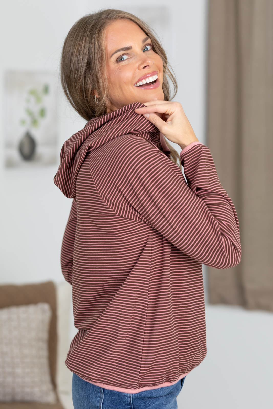 Staccato Button Front Brushed Stripe Hoodie Top