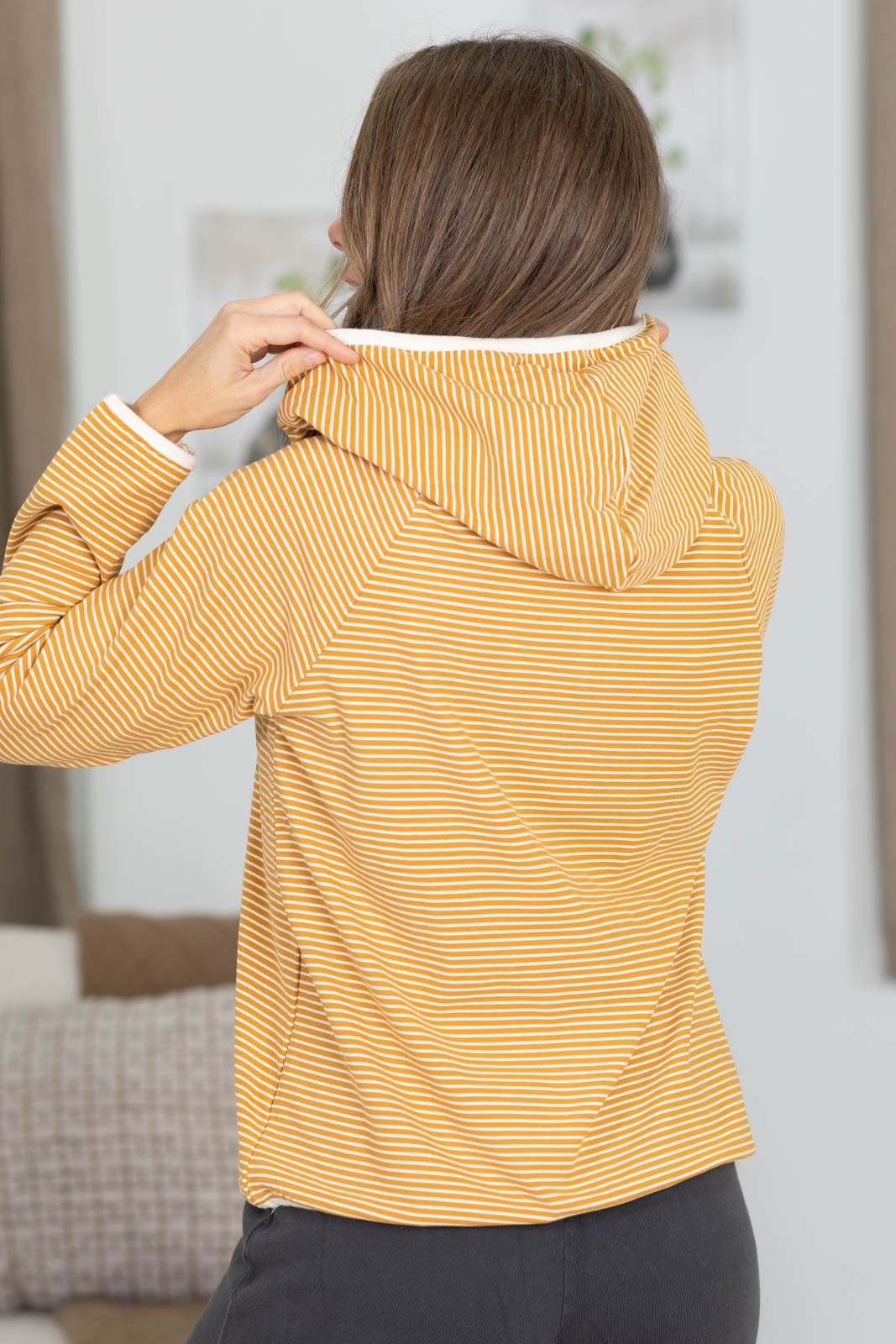 Staccato Button Front Brushed Stripe Hoodie Top
