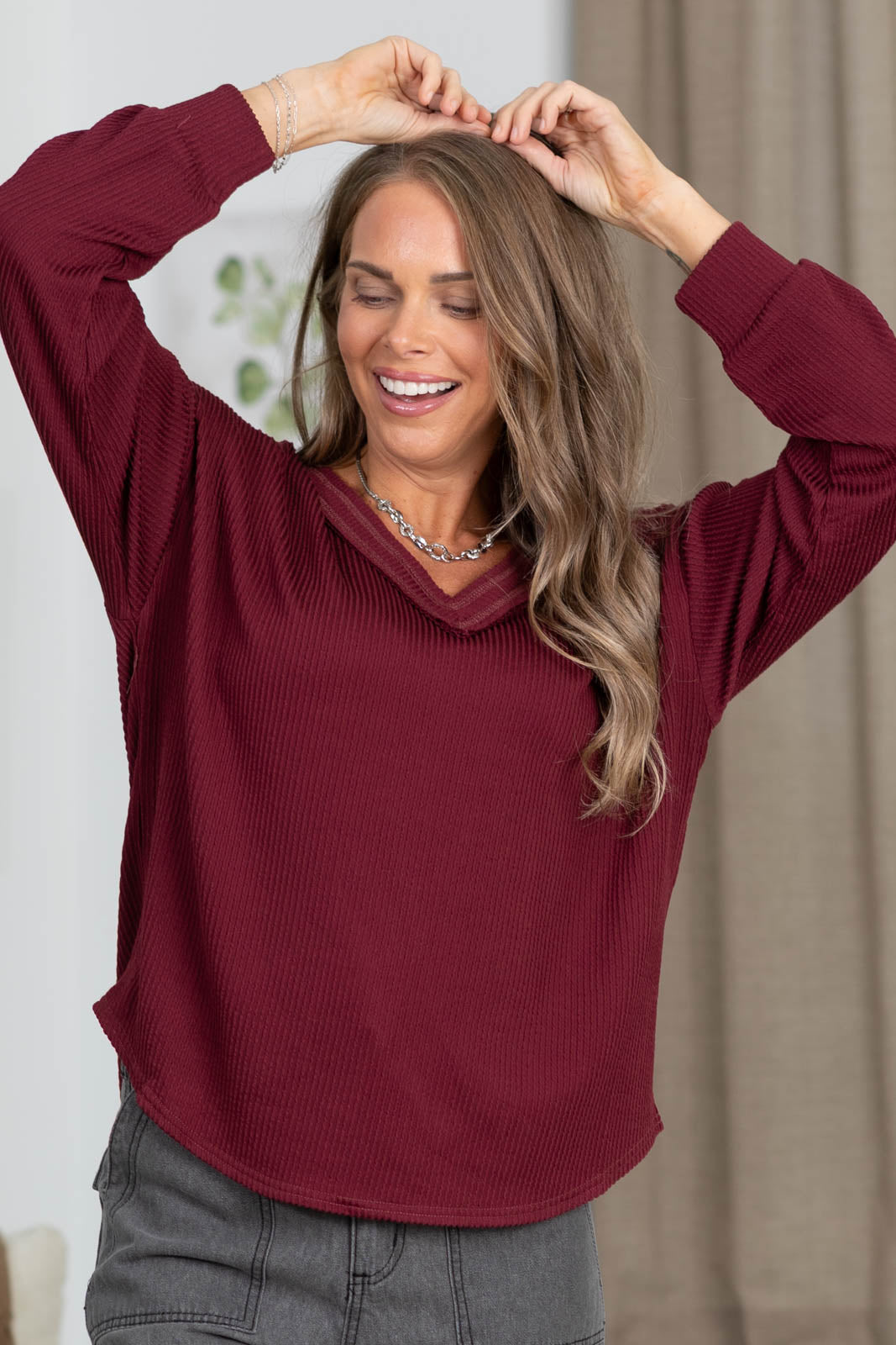 Raw Edge V-Neck Long Sleeve Textured Knit Top