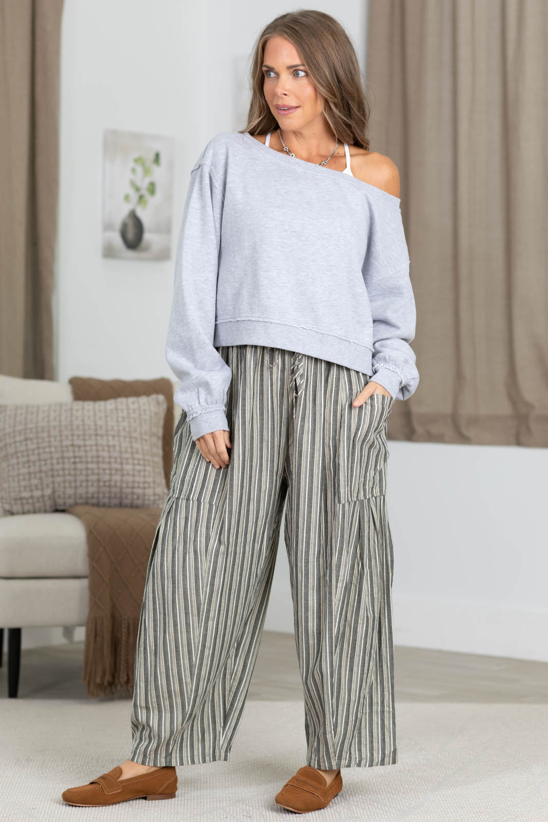 Heather Grey Raw Edge Acid Wash Off The Shoulder Sweatshirt