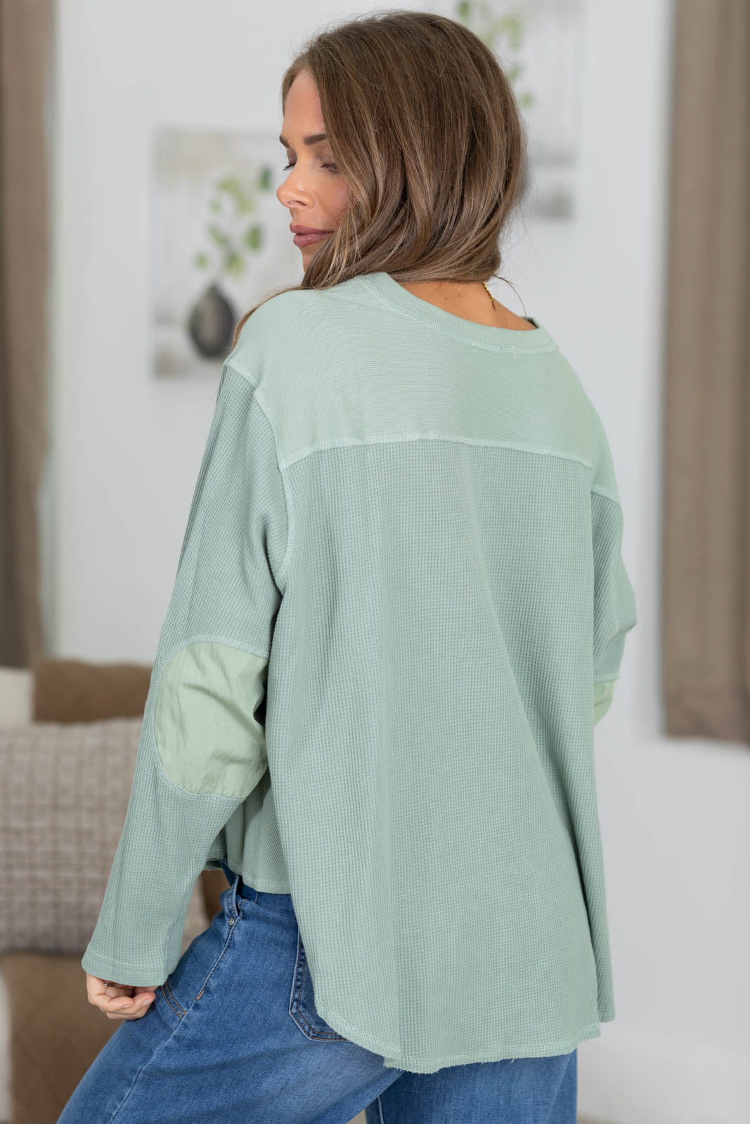 Waffle Knit Crewneck Long Sleeve Top