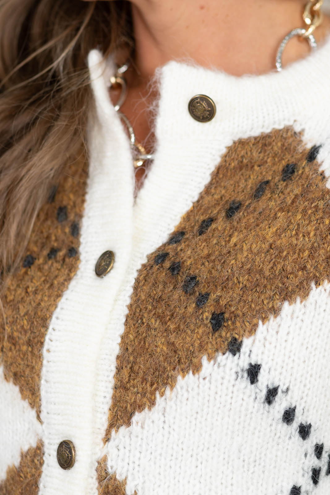 Staccato Ivory And Camel Chunky Argyle Cardigan