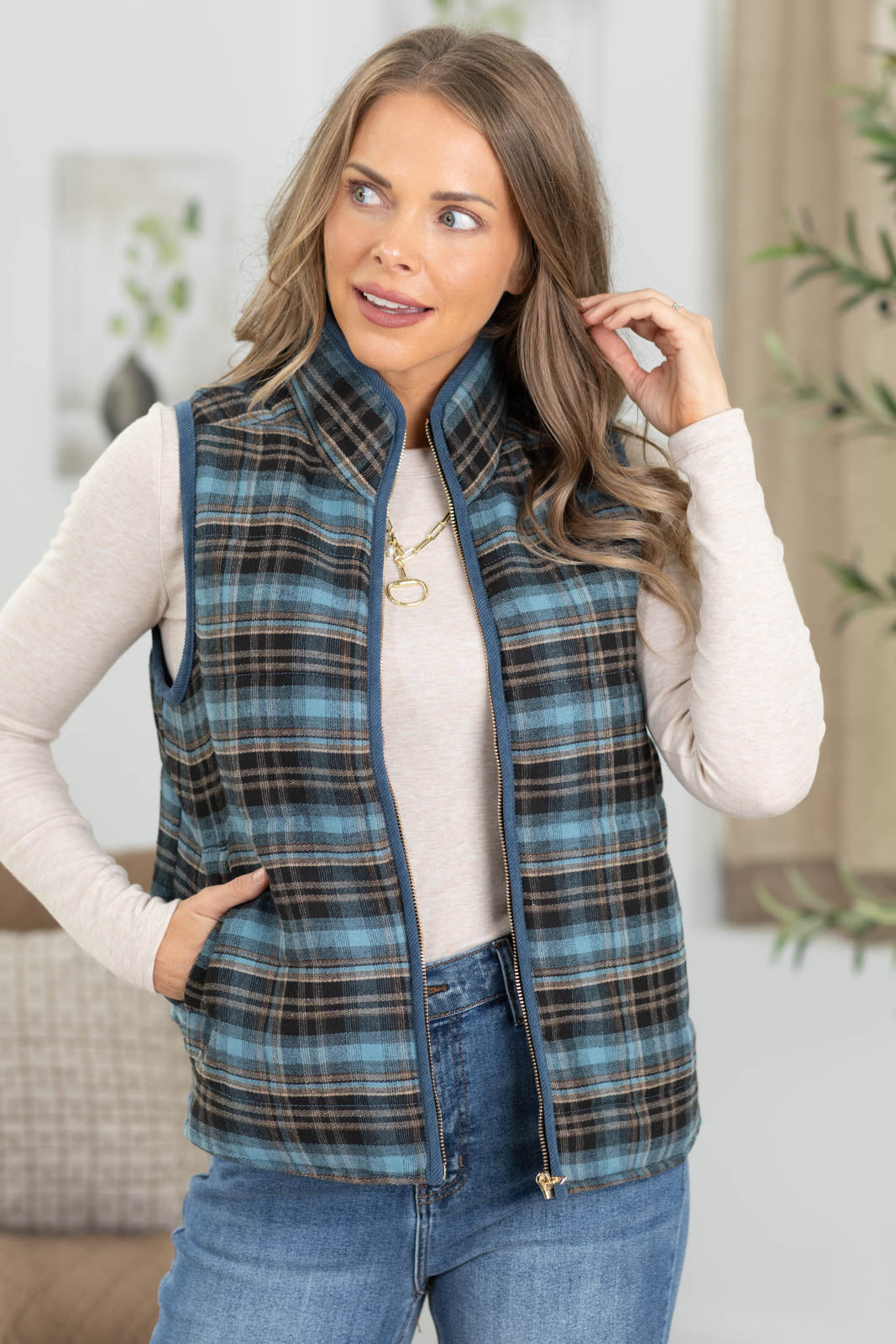 Staccato Contrast Binding Zip Up Plaid Vest