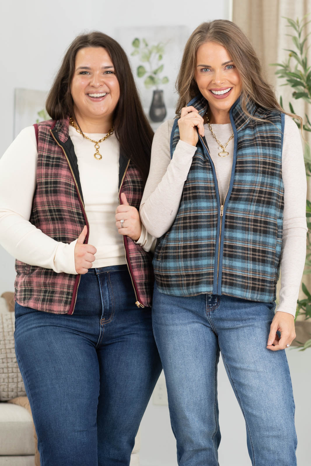 Staccato Contrast Binding Zip Up Plaid Vest