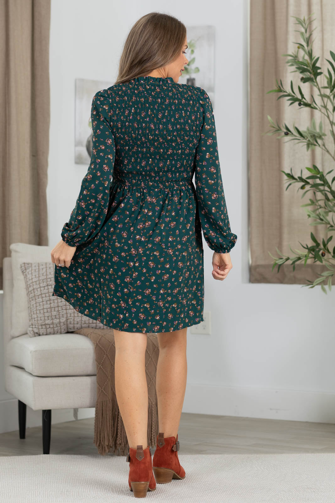 Staccato Floral Smocked Bodice V-Neck Dress
