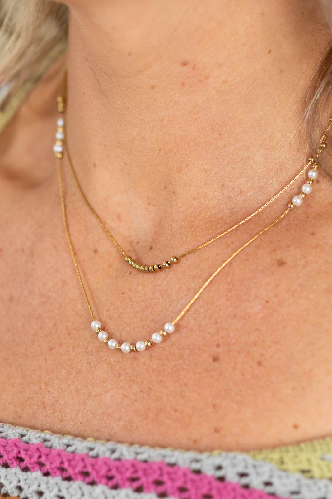 Gold Dainty Multi Layer Necklace With Pearls
