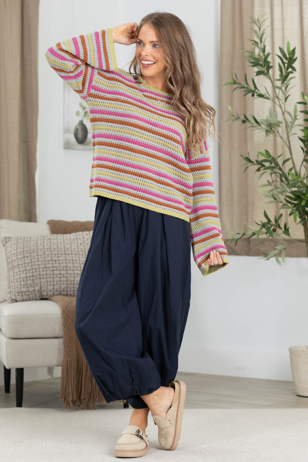 Crochet Multicolor Stripe Bell Sleeve Sweater